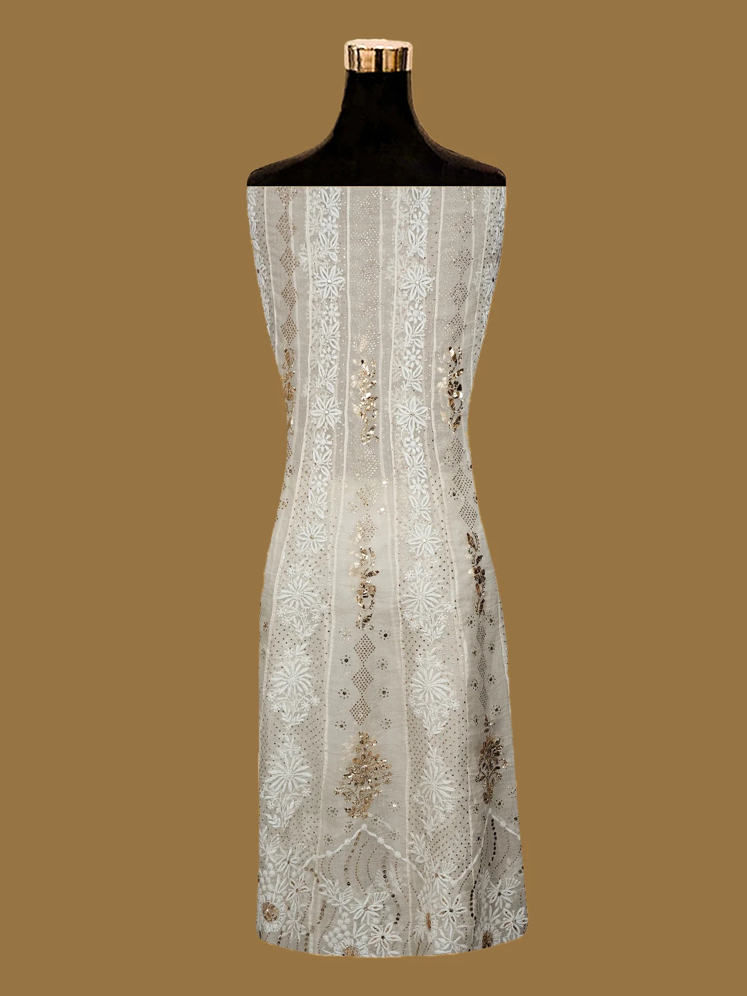 Ada Hand Embroidered Ivory White Organza Lucknowi Chikankari Semi-Stitched Anarkali Kurta Dupatta Set With Mukaish Work 01A414393