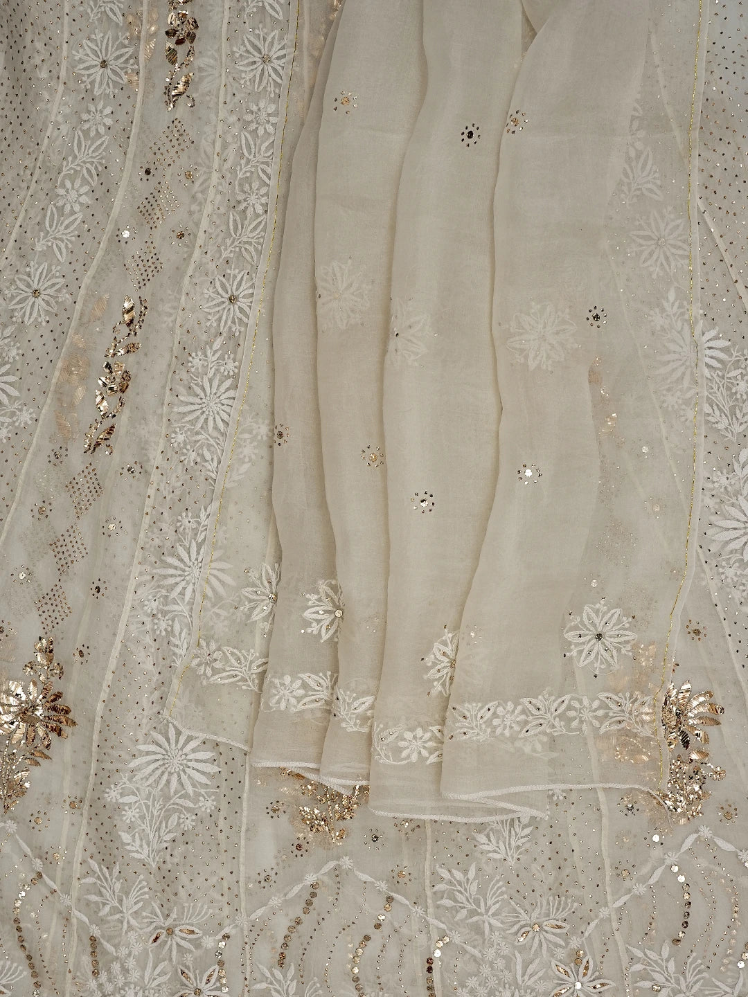 Ada Hand Embroidered Ivory White Organza Lucknowi Chikankari Semi-Stitched Anarkali Kurta Dupatta Set With Mukaish Work 01A414393