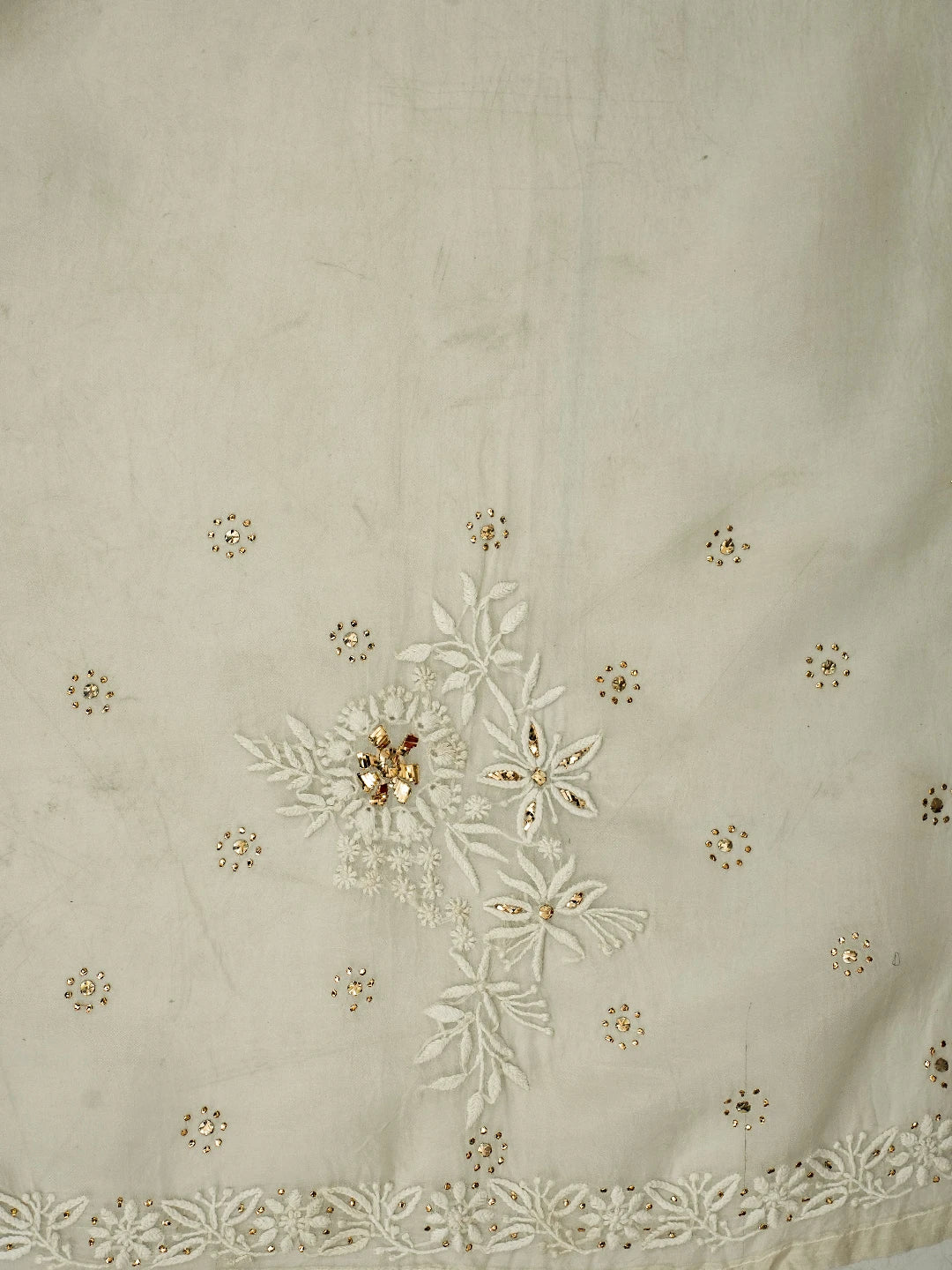 Ada Hand Embroidered Ivory White Organza Lucknowi Chikankari Semi-Stitched Anarkali Kurta Dupatta Set With Mukaish Work 01A414393