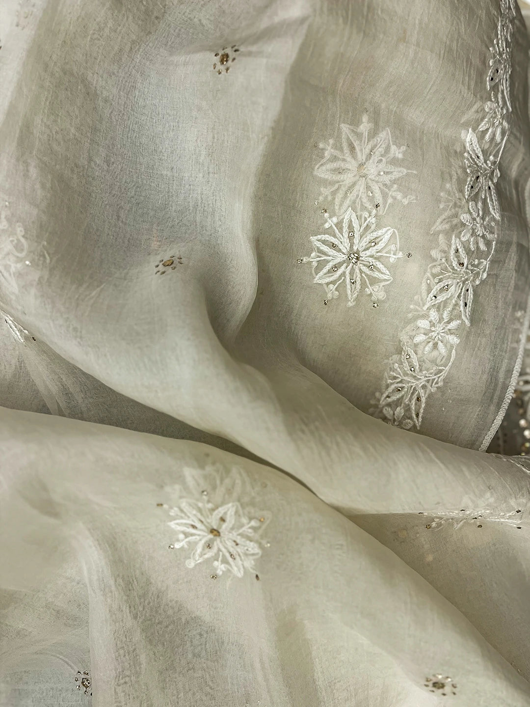 Ada Hand Embroidered Ivory White Organza Lucknowi Chikankari Semi-Stitched Anarkali Kurta Dupatta Set With Mukaish Work 01A414393