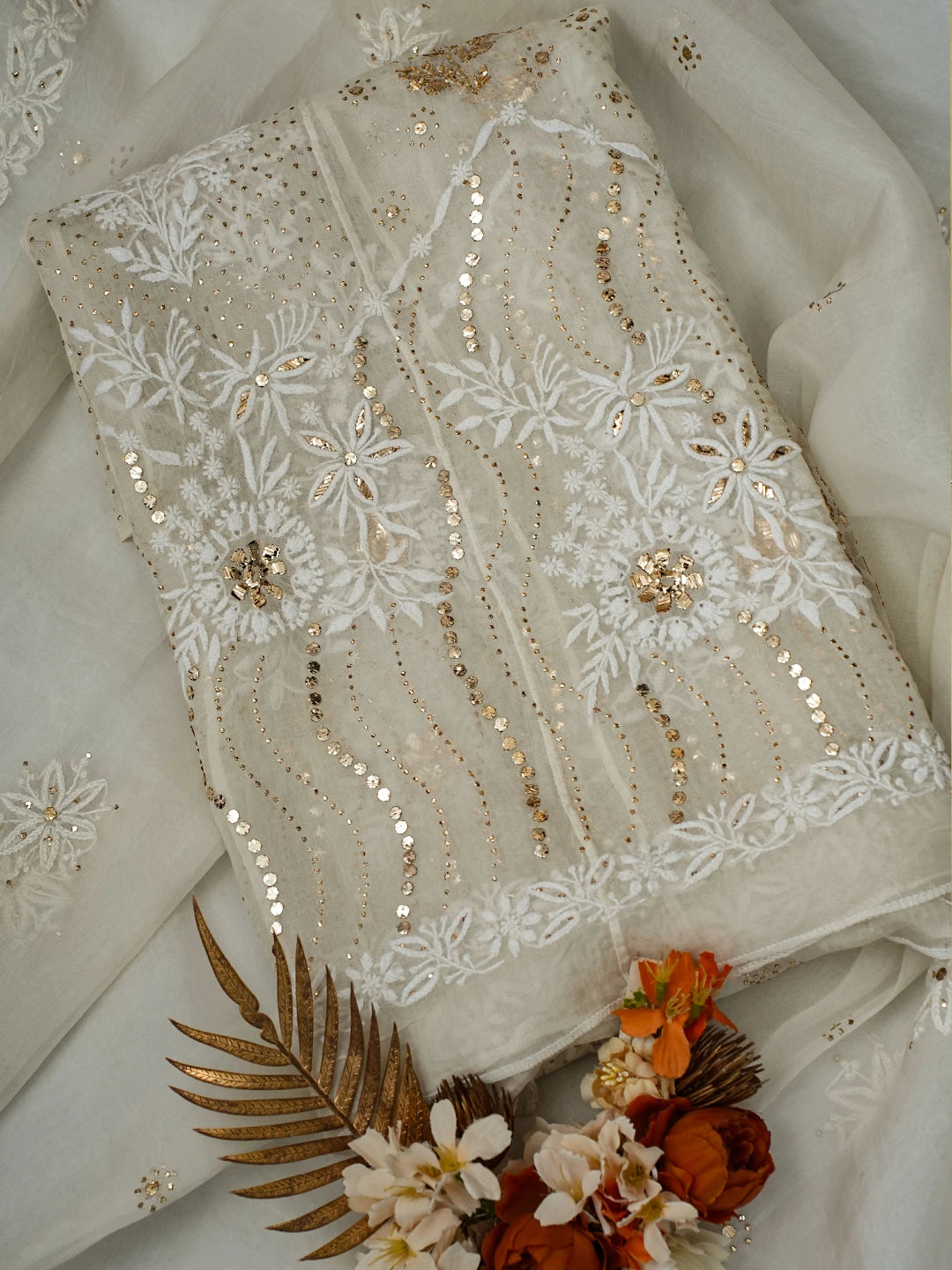 Ada Hand Embroidered Ivory White Organza Lucknowi Chikankari Semi-Stitched Anarkali Kurta Dupatta Set With Mukaish Work 01A414393