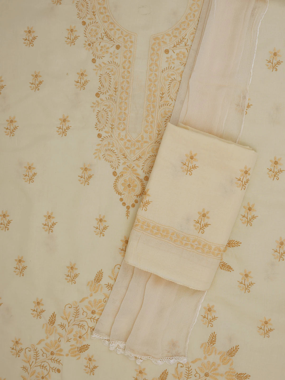 Ada Hand Embroidered Fawn Cotton Lucknowi Chikankari Unstitched Suit Piece 01A633642