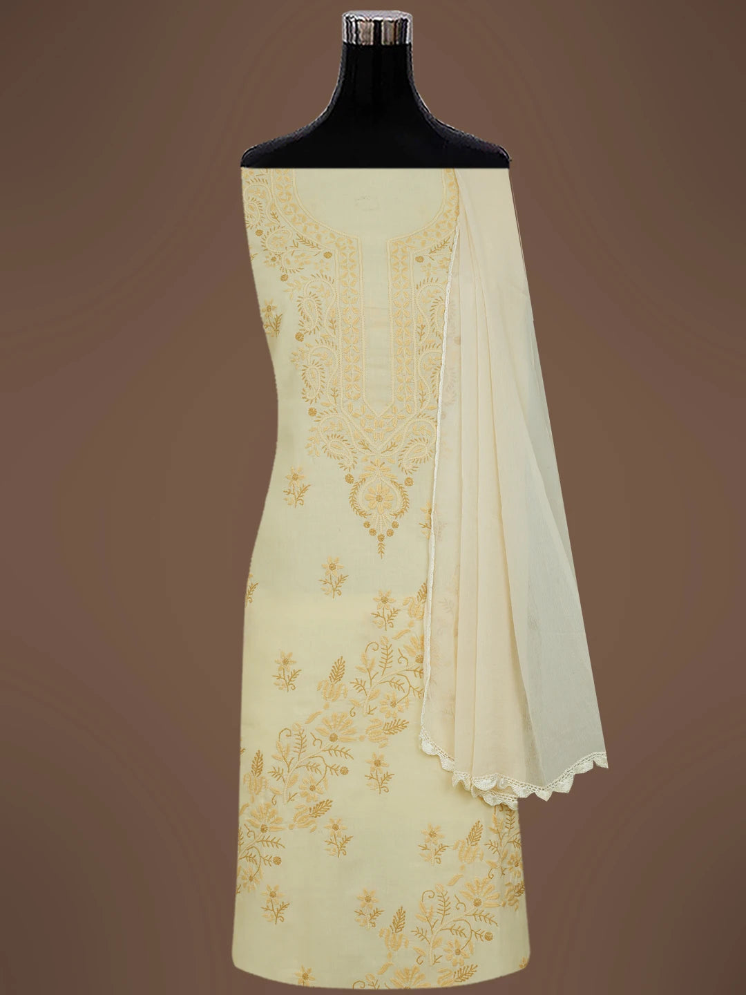 Ada Hand Embroidered Fawn Cotton Lucknowi Chikankari Unstitched Suit Piece 01A633642