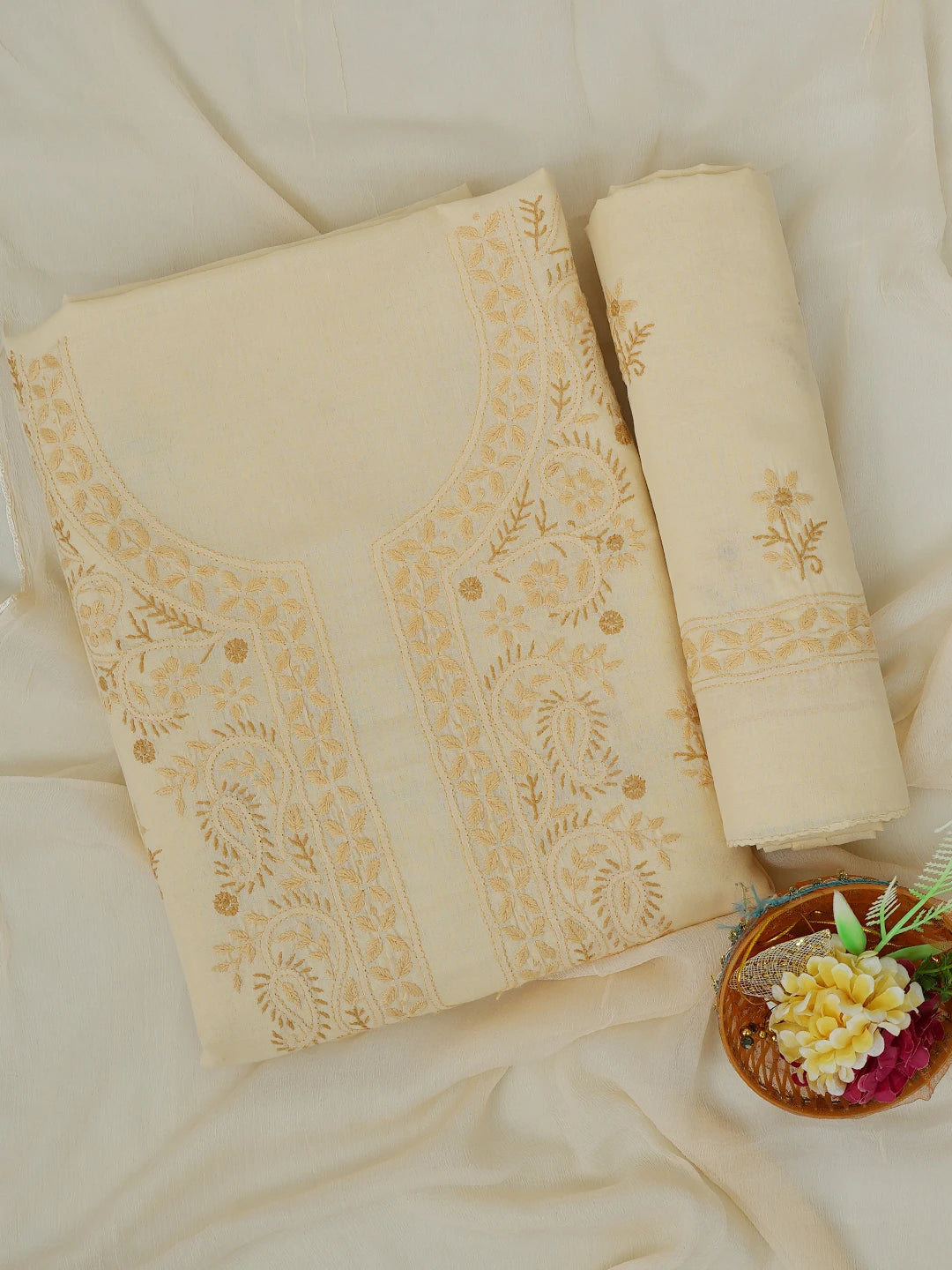 Ada Hand Embroidered Fawn Cotton Lucknowi Chikankari Unstitched Suit Piece 01A633642