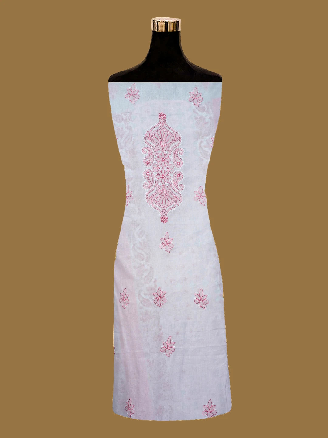 Ada Hand Embroidered White And Peach Cotton Lucknowi Chikankari Unstitched Suit Piece With Mukaish Work 01A679723