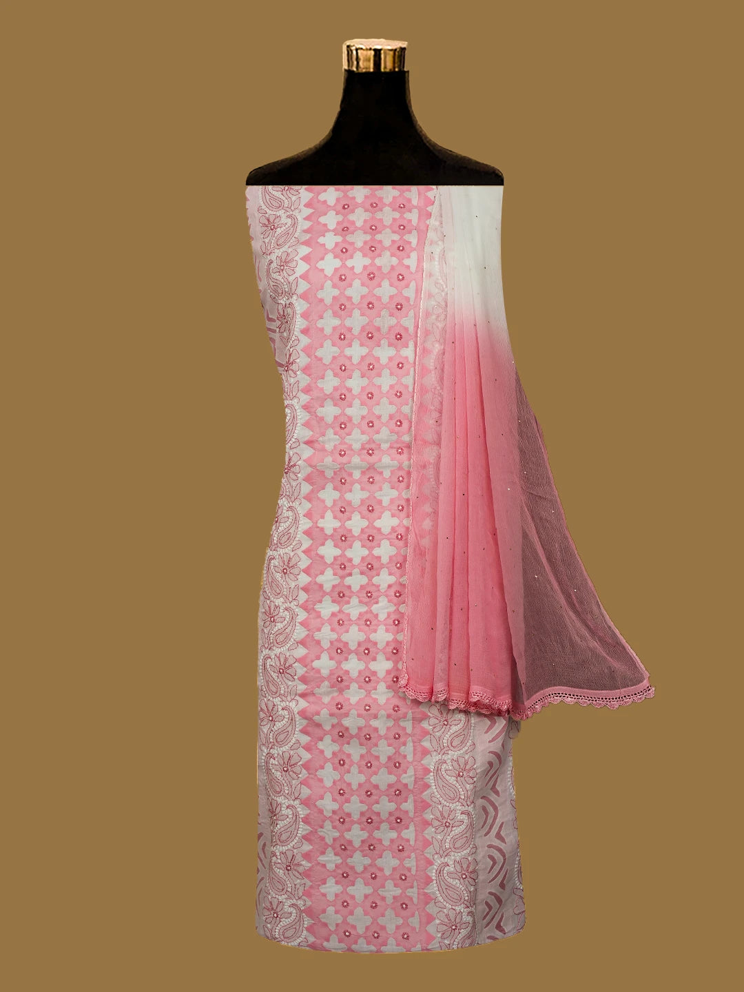 Ada Hand Embroidered White And Peach Cotton Lucknowi Chikankari Unstitched Suit Piece With Mukaish Work 01A679723