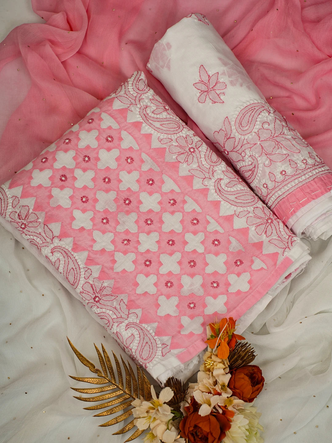Ada Hand Embroidered White And Peach Cotton Lucknowi Chikankari Unstitched Suit Piece With Mukaish Work 01A679723