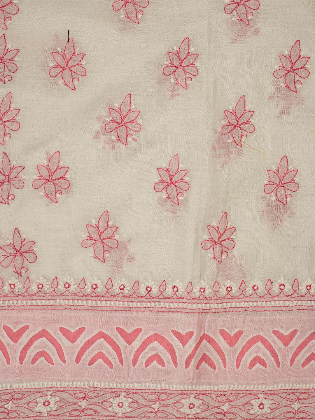 Ada Hand Embroidered White And Peach Cotton Lucknowi Chikankari Unstitched Suit Piece With Mukaish Work 01A679723