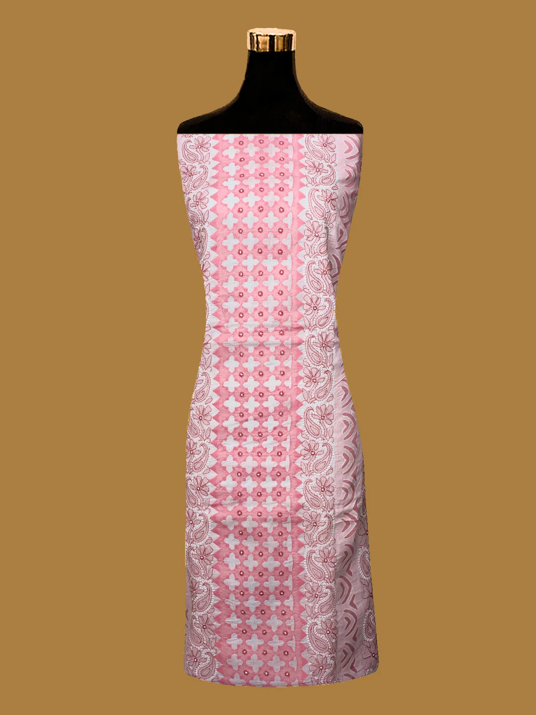 Ada Hand Embroidered White And Peach Cotton Lucknowi Chikankari Unstitched Suit Piece With Mukaish Work 01A679723