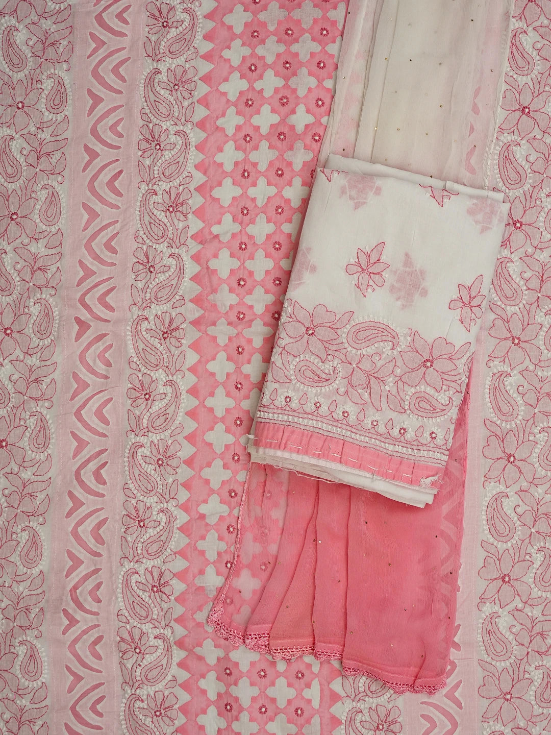 Ada Hand Embroidered White And Peach Cotton Lucknowi Chikankari Unstitched Suit Piece With Mukaish Work 01A679723
