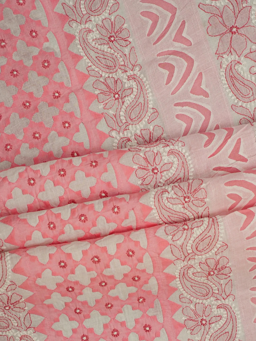 Ada Hand Embroidered White And Peach Cotton Lucknowi Chikankari Unstitched Suit Piece With Mukaish Work 01A679723