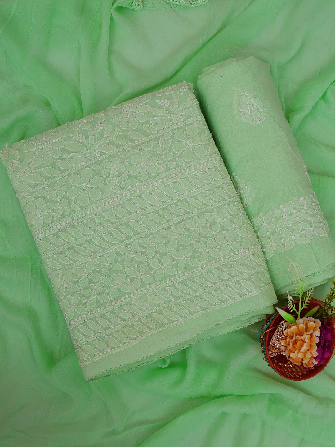 Ada Hand Embroidered Light Green Cotton Lucknowi Chikankari Unstitched Suit Piece 01A659597