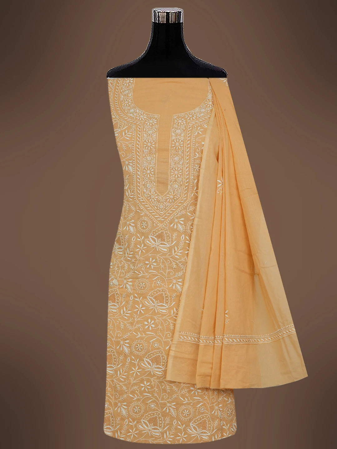 Ada Hand Embroidered Peach Cotton Lucknowi Chikankari Unstitched Suit Piece With Zari Work 01A642090
