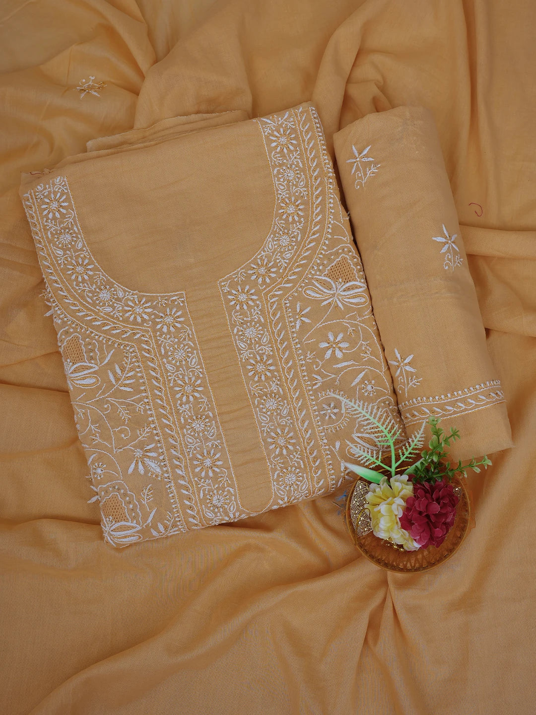 Ada Hand Embroidered Peach Cotton Lucknowi Chikankari Unstitched Suit Piece With Zari Work 01A642090