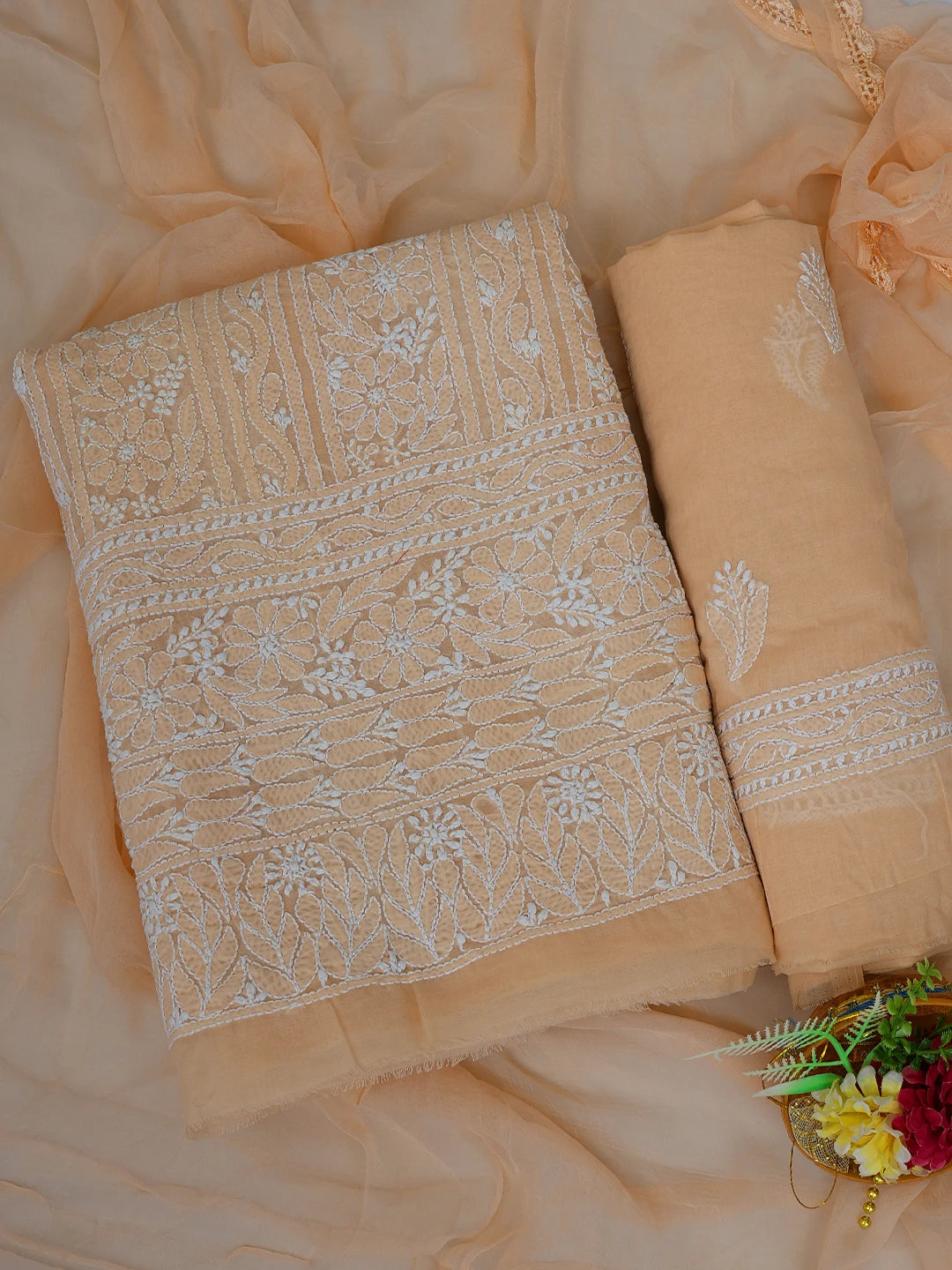 Ada Hand Embroidered Salmon Peach Cotton Lucknowi Chikankari Unstitched Suit Piece 01A651246
