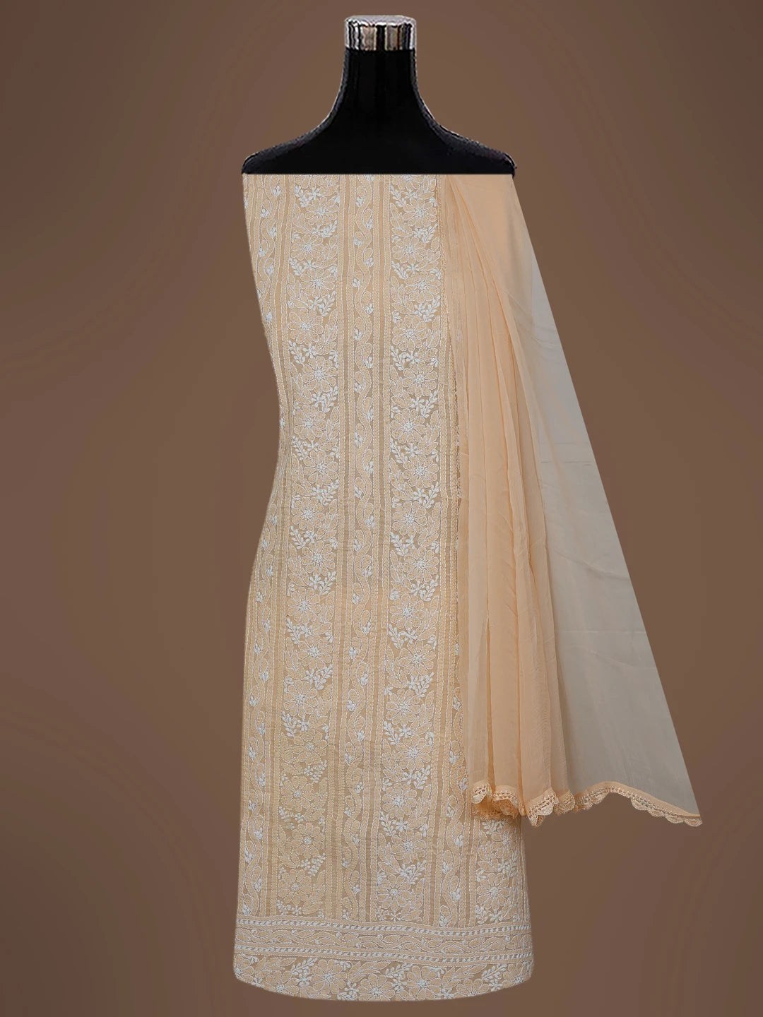 Ada Hand Embroidered Salmon Peach Cotton Lucknowi Chikankari Unstitched Suit Piece 01A651246