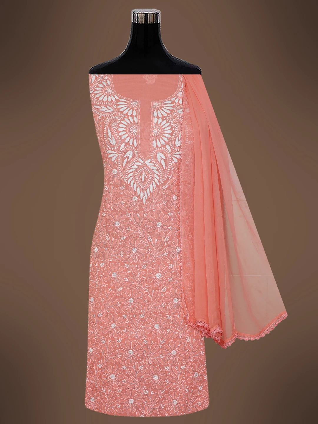 Ada Hand Embroidered Peach Pink Cotton Lucknowi Chikankari Unstitched Suit Piece 01A609937