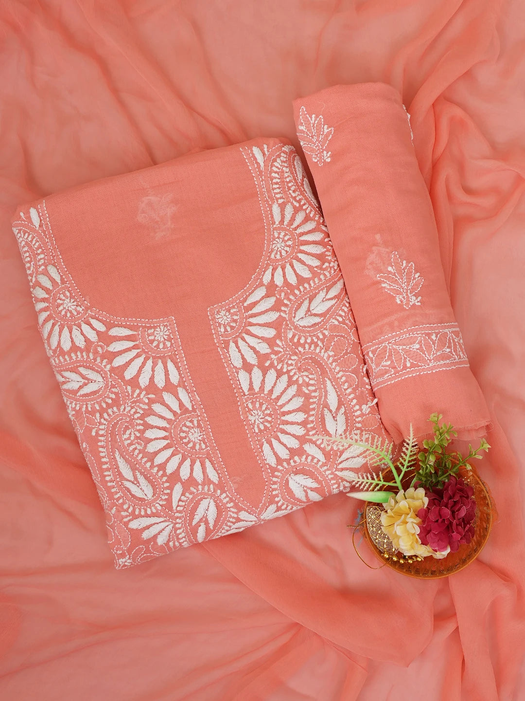 Ada Hand Embroidered Peach Pink Cotton Lucknowi Chikankari Unstitched Suit Piece 01A609937