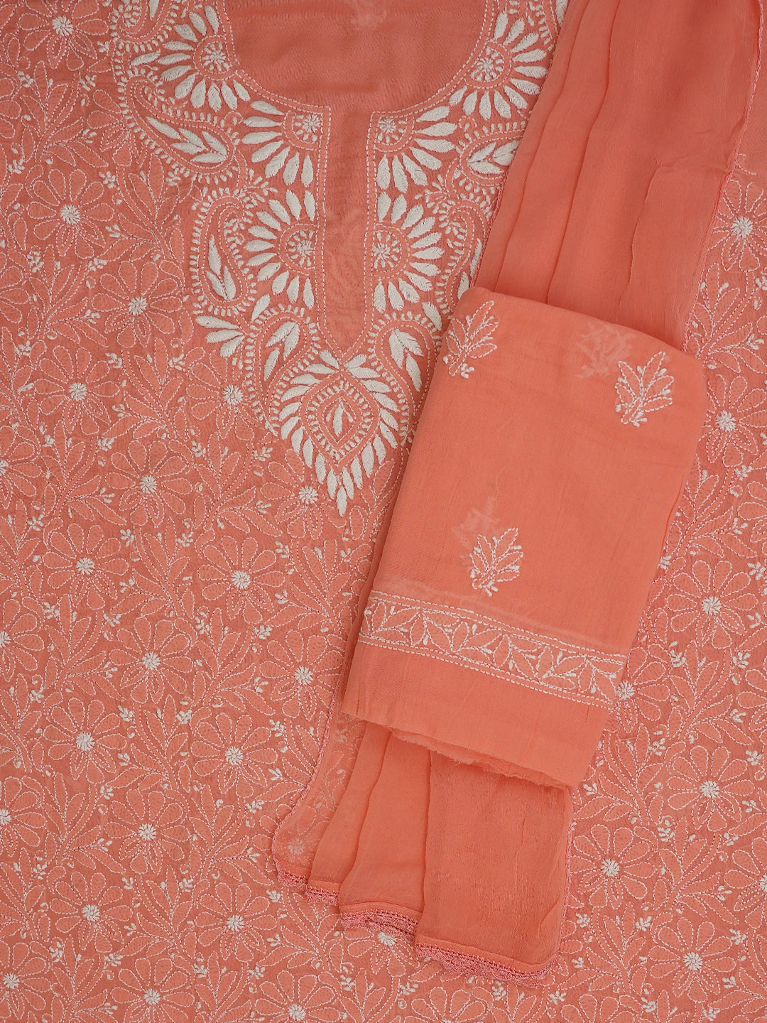 Ada Hand Embroidered Peach Pink Cotton Lucknowi Chikankari Unstitched Suit Piece 01A609937