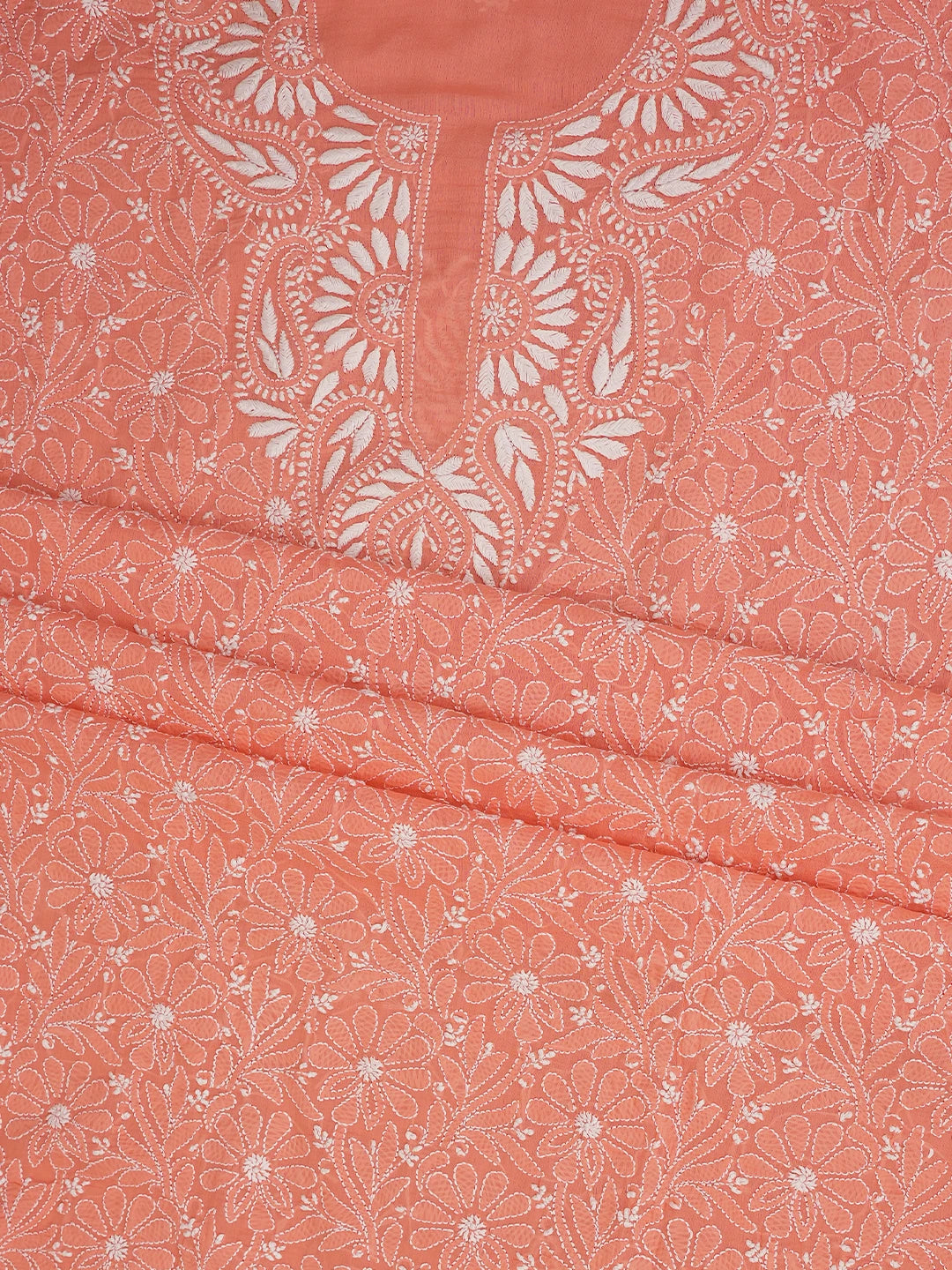 Ada Hand Embroidered Peach Pink Cotton Lucknowi Chikankari Unstitched Suit Piece 01A609937