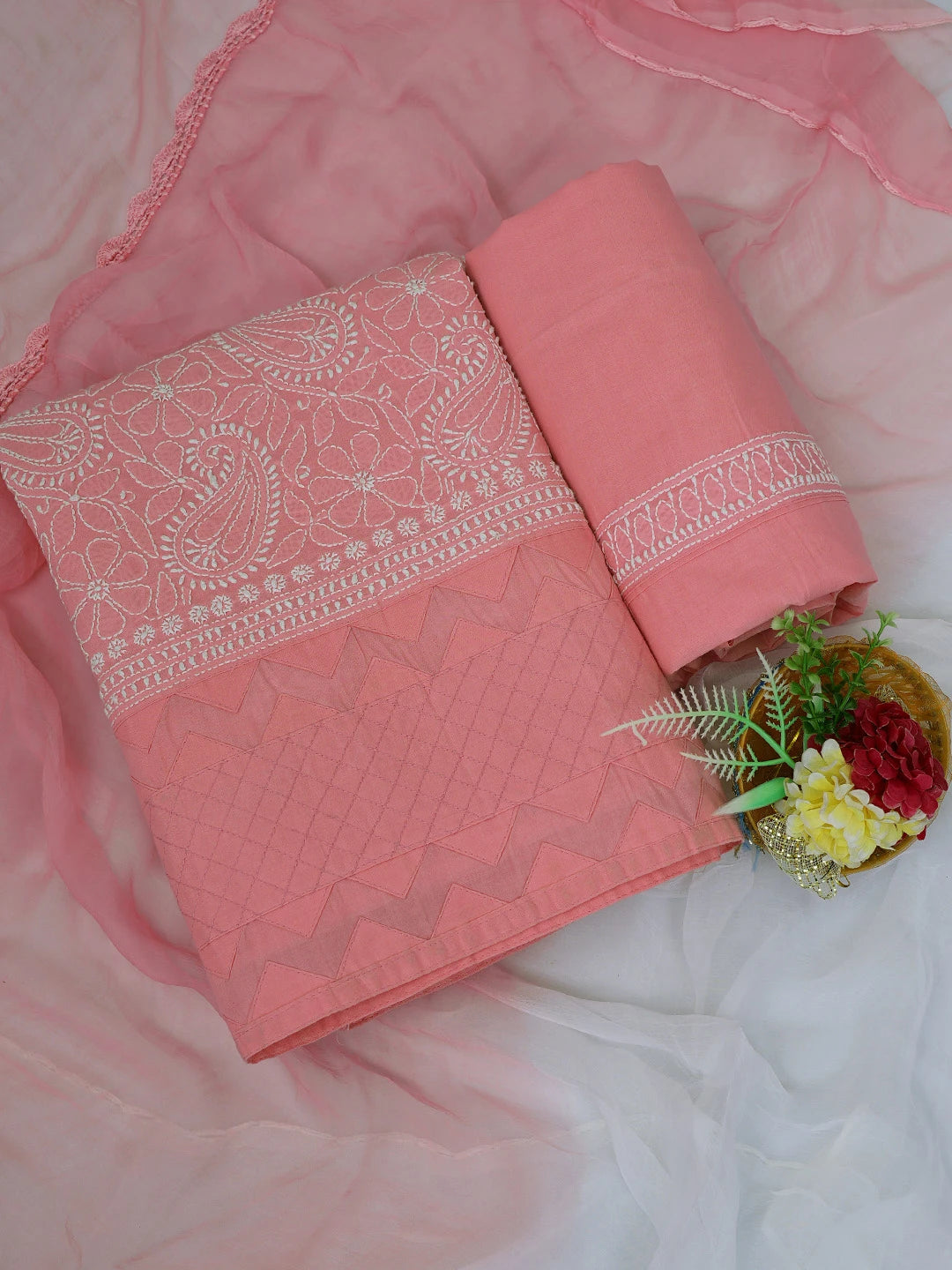 Ada Hand Embroidered Peachy Pink Cotton Lucknowi Chikankari Unstitched Suit Piece 01A105898