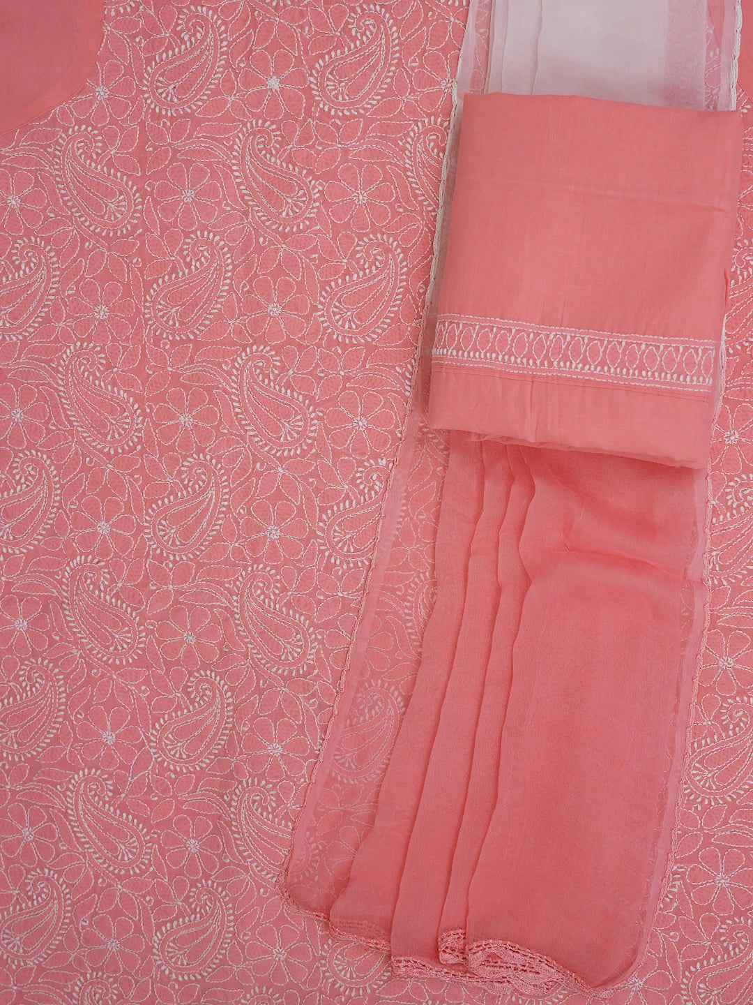 Ada Hand Embroidered Peachy Pink Cotton Lucknowi Chikankari Unstitched Suit Piece 01A105898