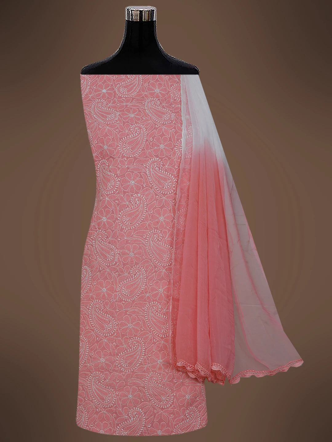Ada Hand Embroidered Peachy Pink Cotton Lucknowi Chikankari Unstitched Suit Piece 01A105898