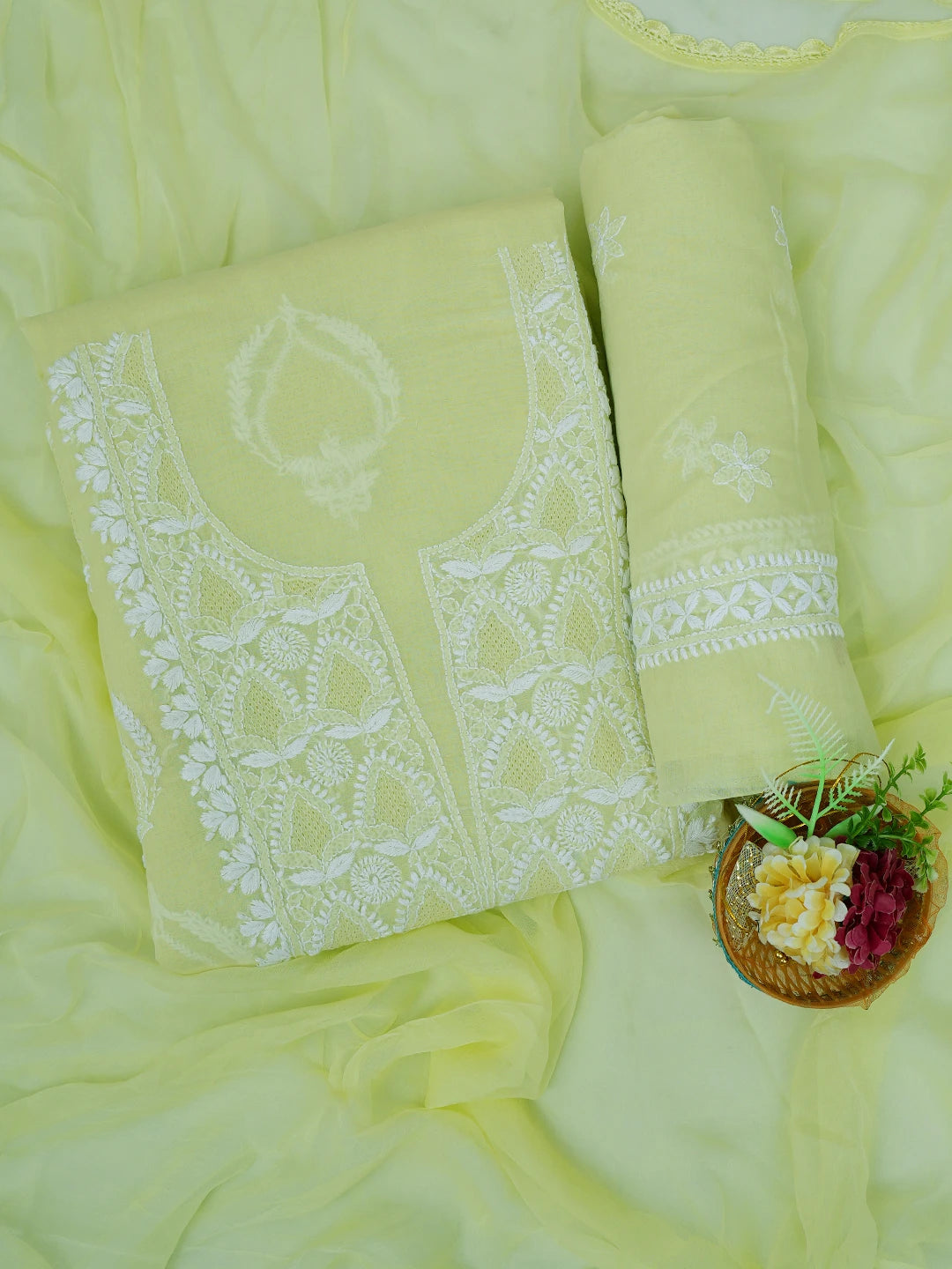 Ada Hand Embroidered Lemon Cotton Lucknowi Chikankari Unstitched Suit Piece 01A512714
