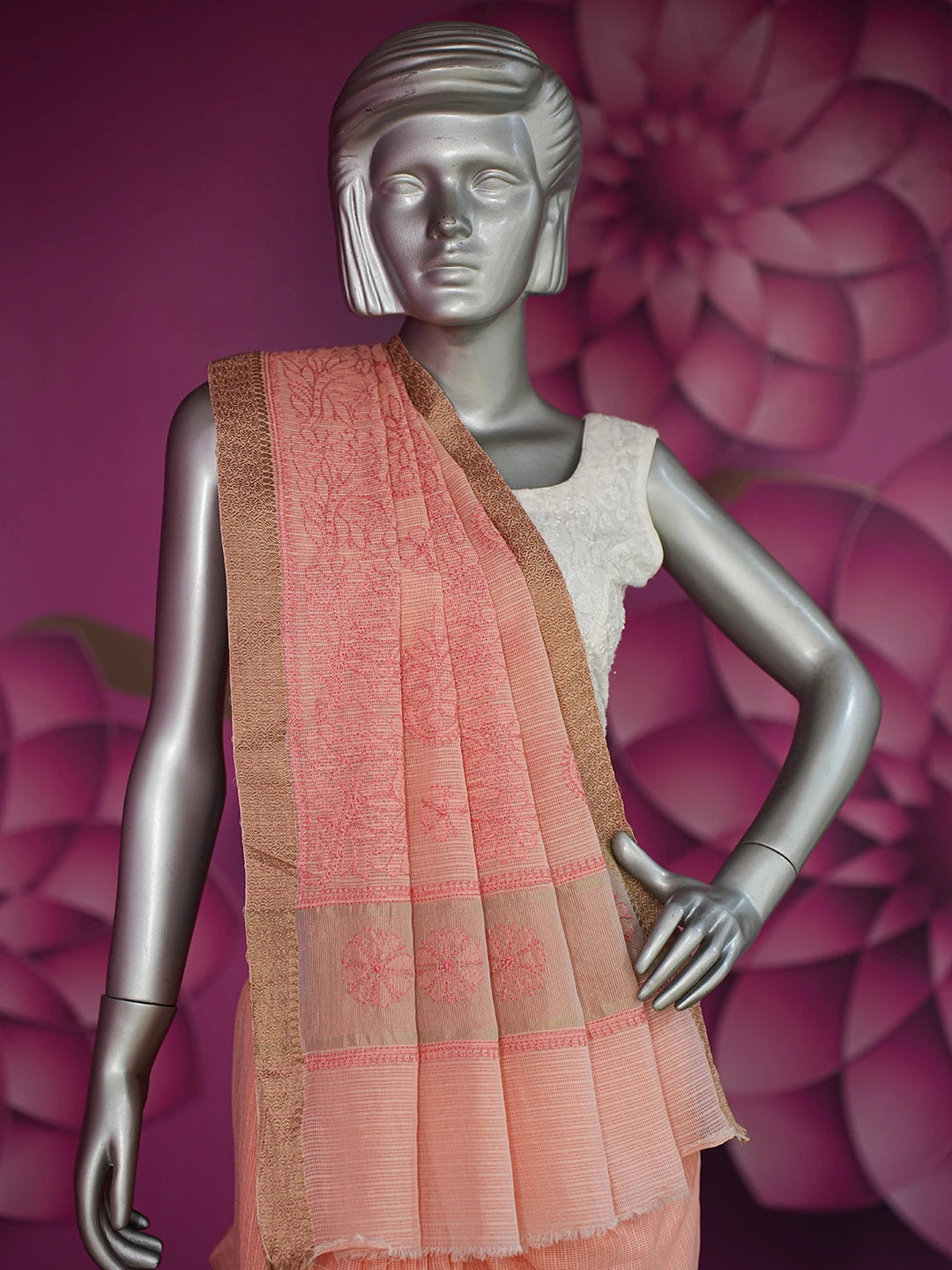Ada Hand Embroidered Peach Chanderi Lucknowi Chikankari Saree and Blouse 01A681583