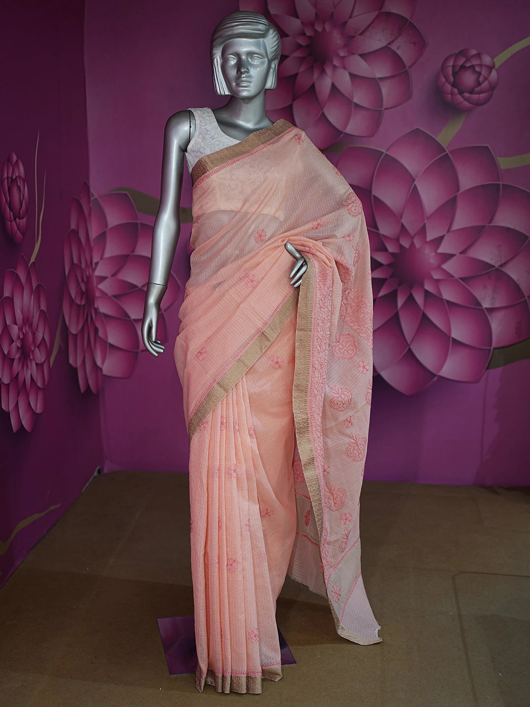 Ada Hand Embroidered Peach Chanderi Lucknowi Chikankari Saree and Blouse 01A681583