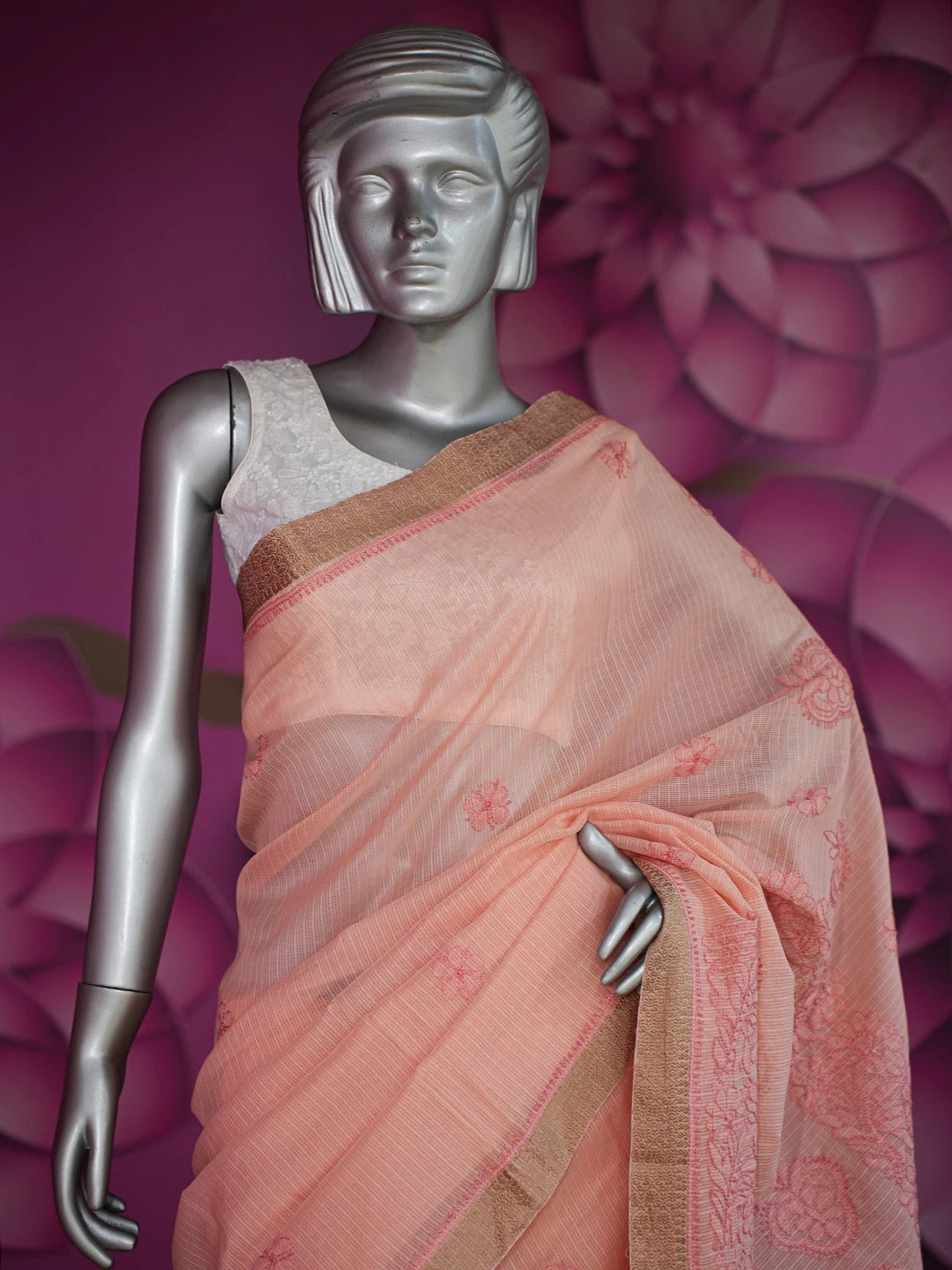 Ada Hand Embroidered Peach Chanderi Lucknowi Chikankari Saree and Blouse 01A681583