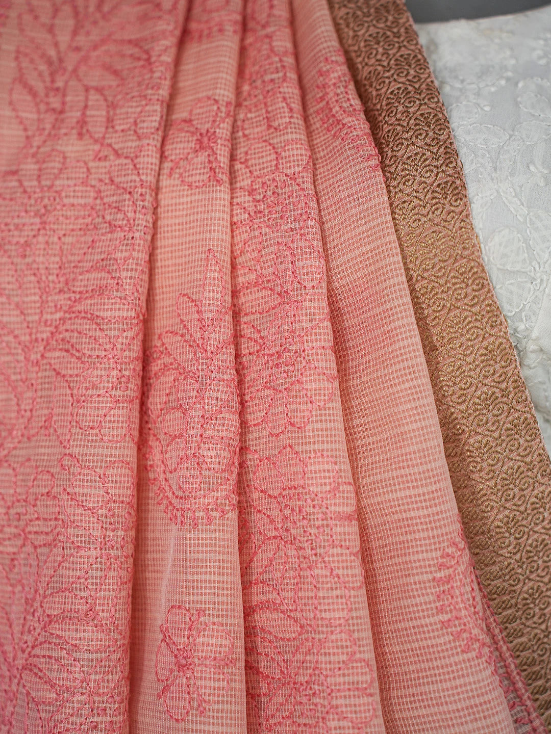 Ada Hand Embroidered Peach Chanderi Lucknowi Chikankari Saree and Blouse 01A681583
