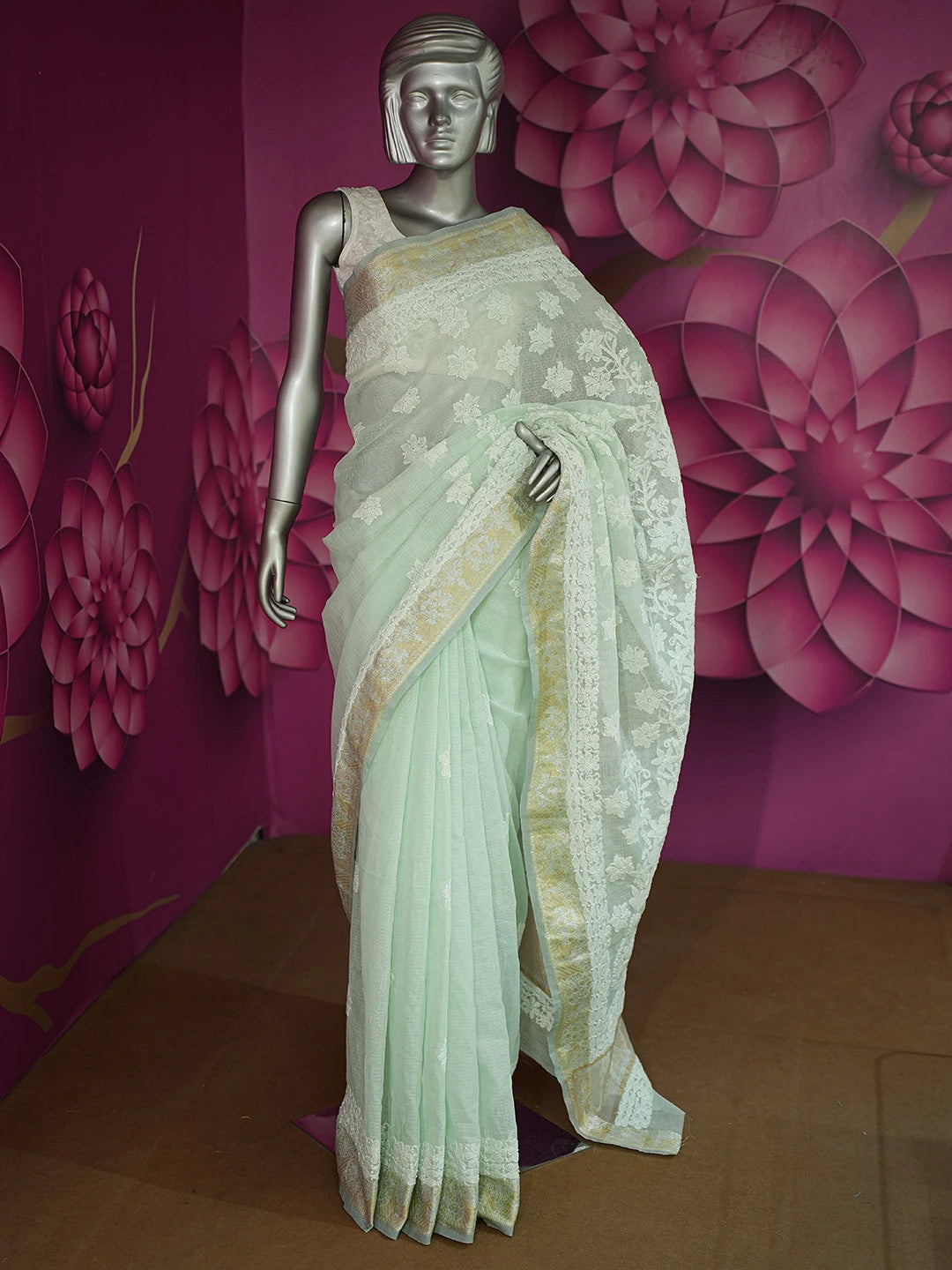 Ada Hand Embroidered Sea Green Chanderi Lucknowi Chikankari Saree and Blouse 01A719801