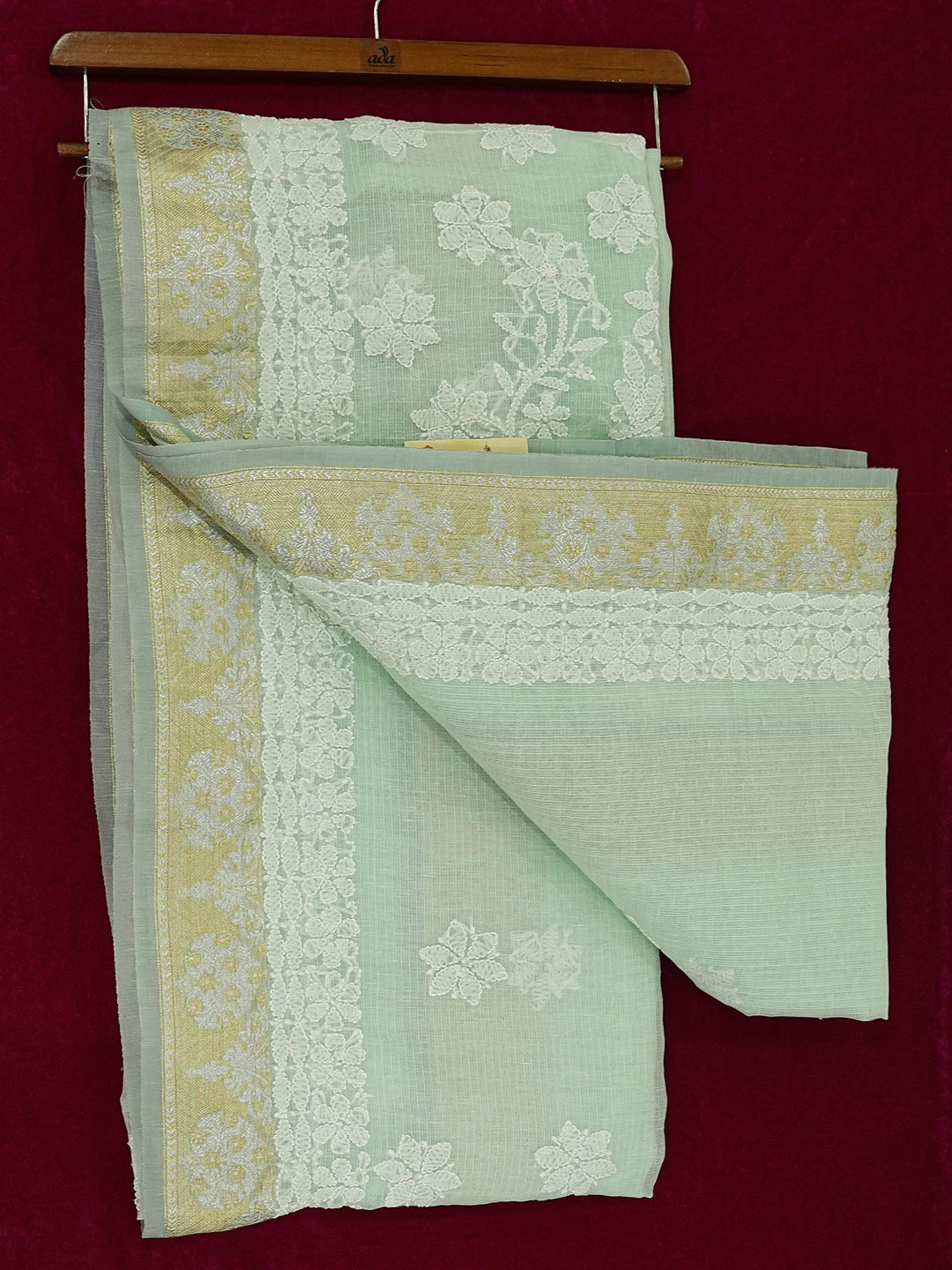 Ada Hand Embroidered Sea Green Chanderi Lucknowi Chikankari Saree and Blouse 01A719801