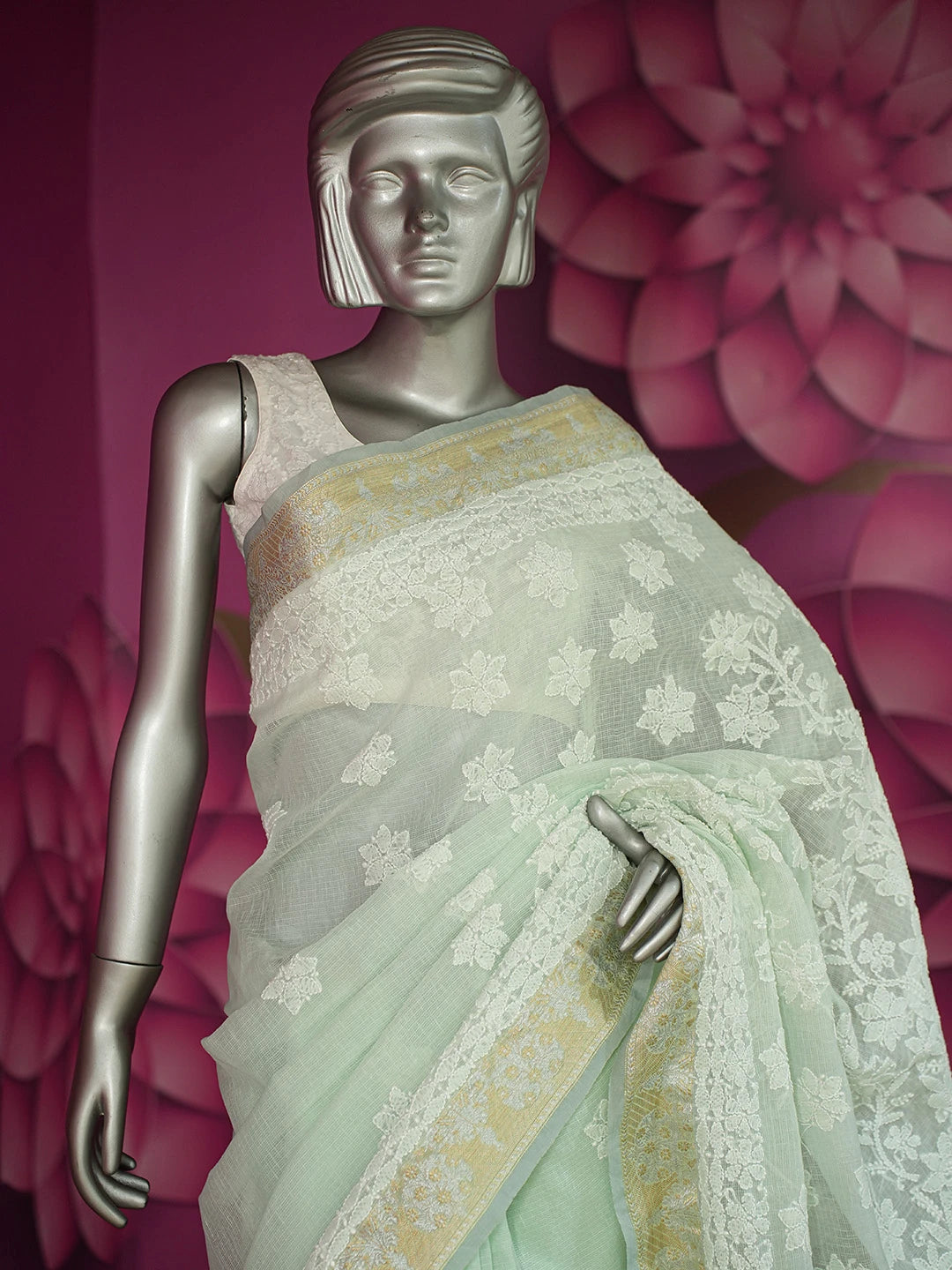 Ada Hand Embroidered Sea Green Chanderi Lucknowi Chikankari Saree and Blouse 01A719801