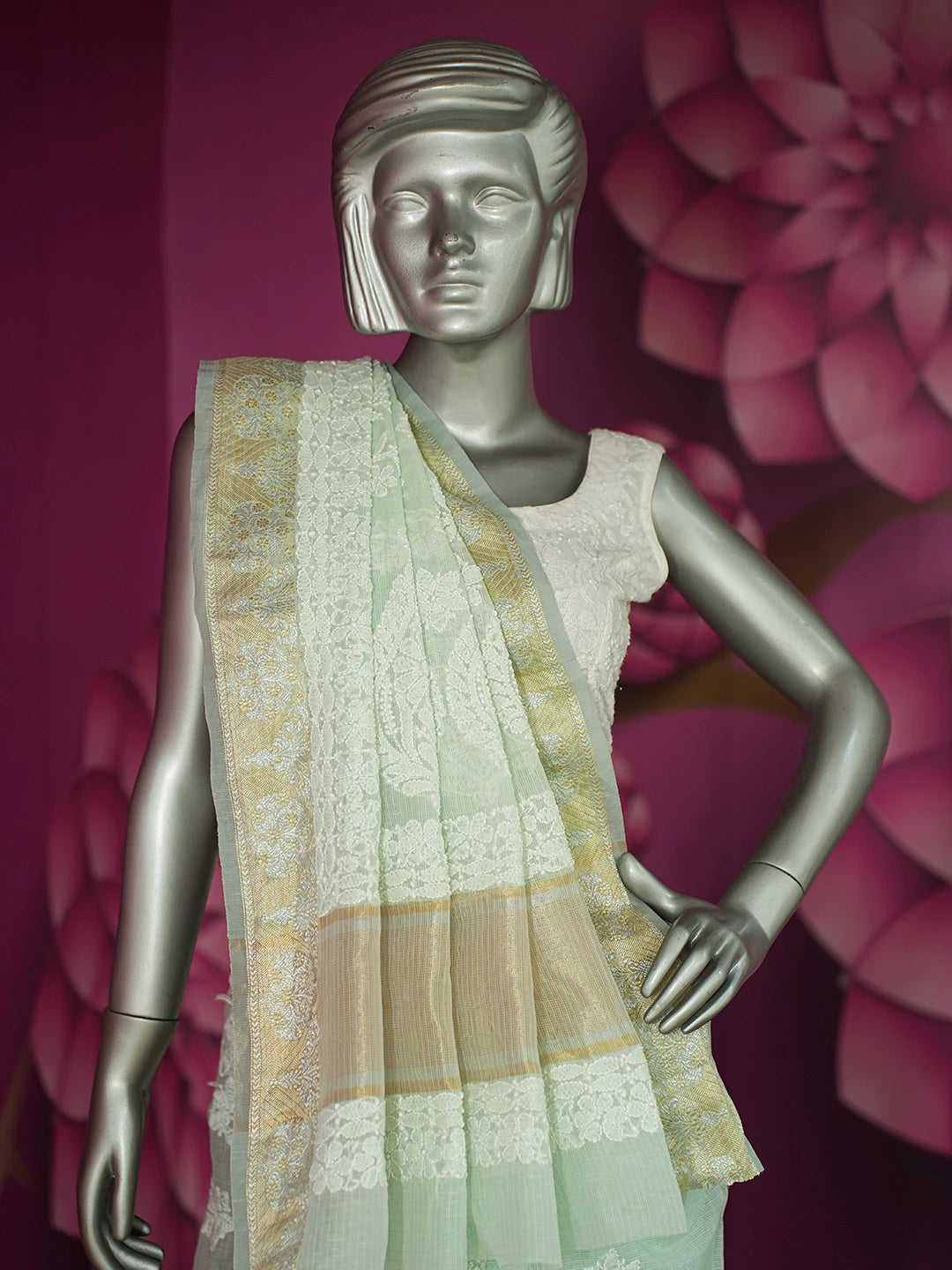 Ada Hand Embroidered Sea Green Chanderi Lucknowi Chikankari Saree and Blouse 01A719801