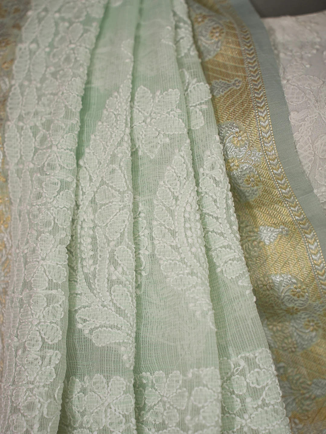 Ada Hand Embroidered Sea Green Chanderi Lucknowi Chikankari Saree and Blouse 01A719801