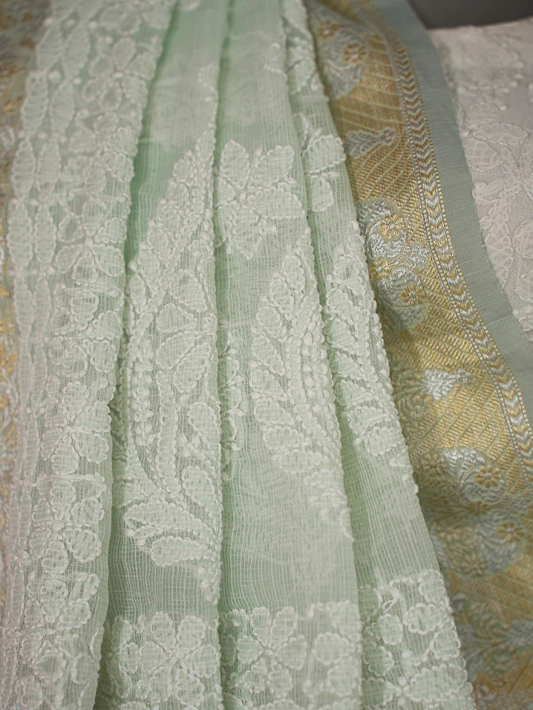 Ada Hand Embroidered Sea Green Chanderi Lucknowi Chikankari Saree and Blouse 01A719801