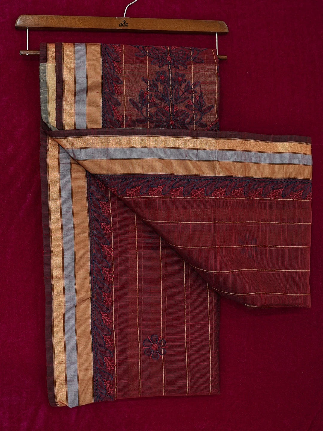 Ada Hand Embroidered Maroon Kota Chanderi Lucknowi Chikankari Saree and Blouse 01A680886