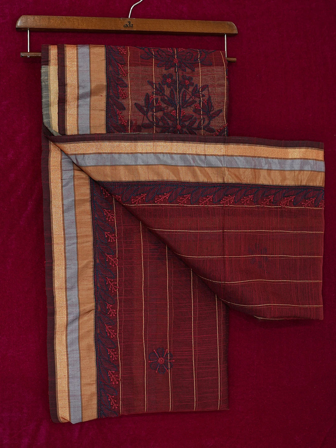 Ada Hand Embroidered Maroon Kota Chanderi Lucknowi Chikankari Saree and Blouse 01A680886