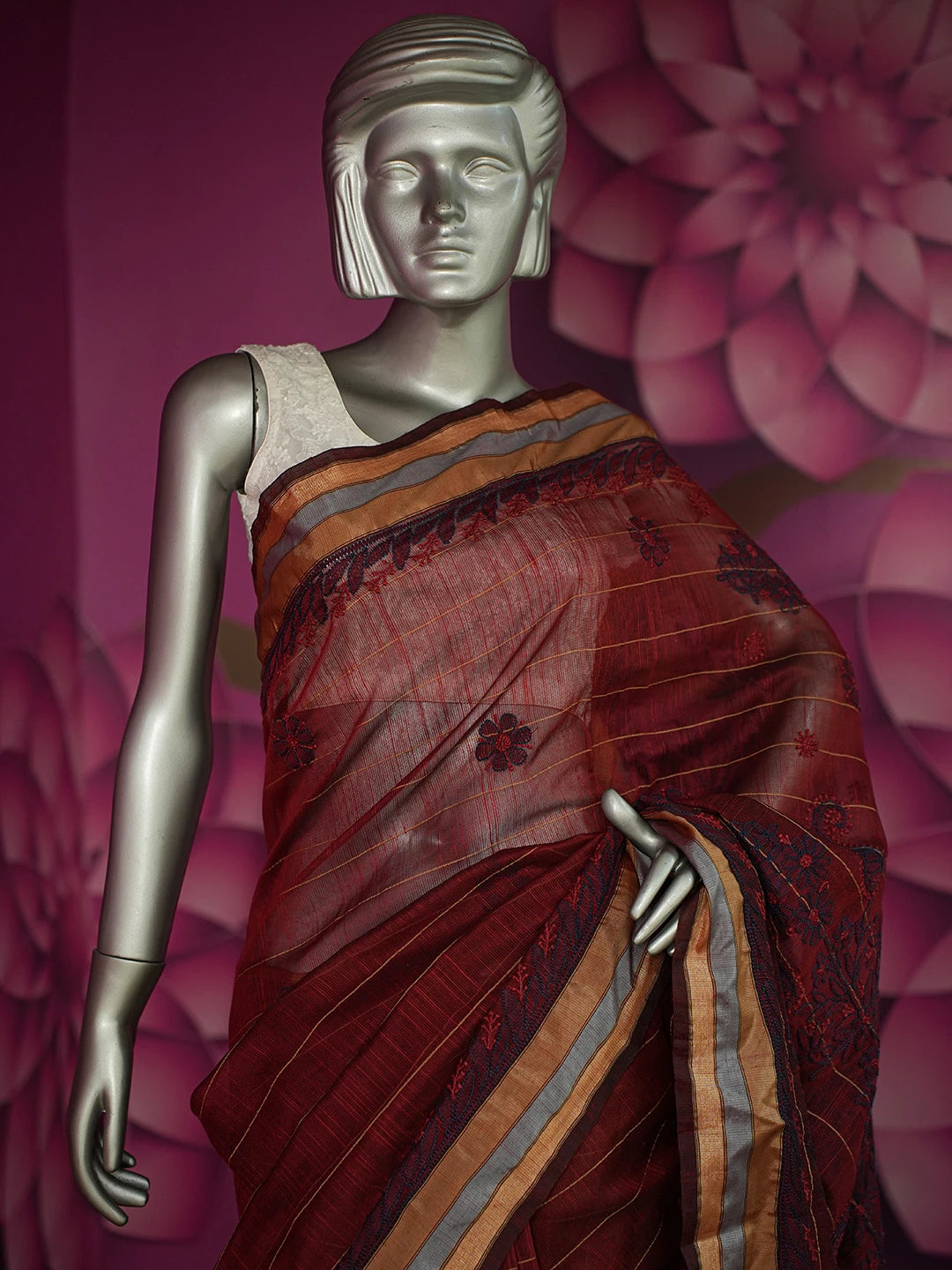 Ada Hand Embroidered Maroon Kota Chanderi Lucknowi Chikankari Saree and Blouse 01A680886
