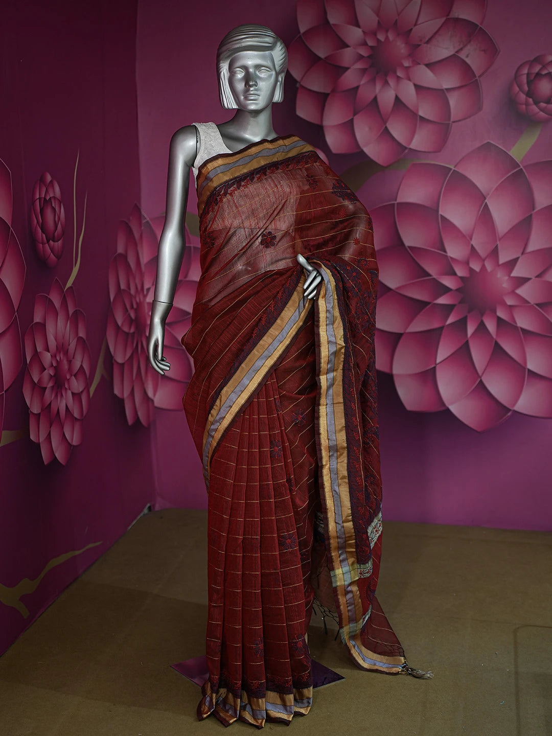 Ada Hand Embroidered Maroon Kota Chanderi Lucknowi Chikankari Saree and Blouse 01A680886