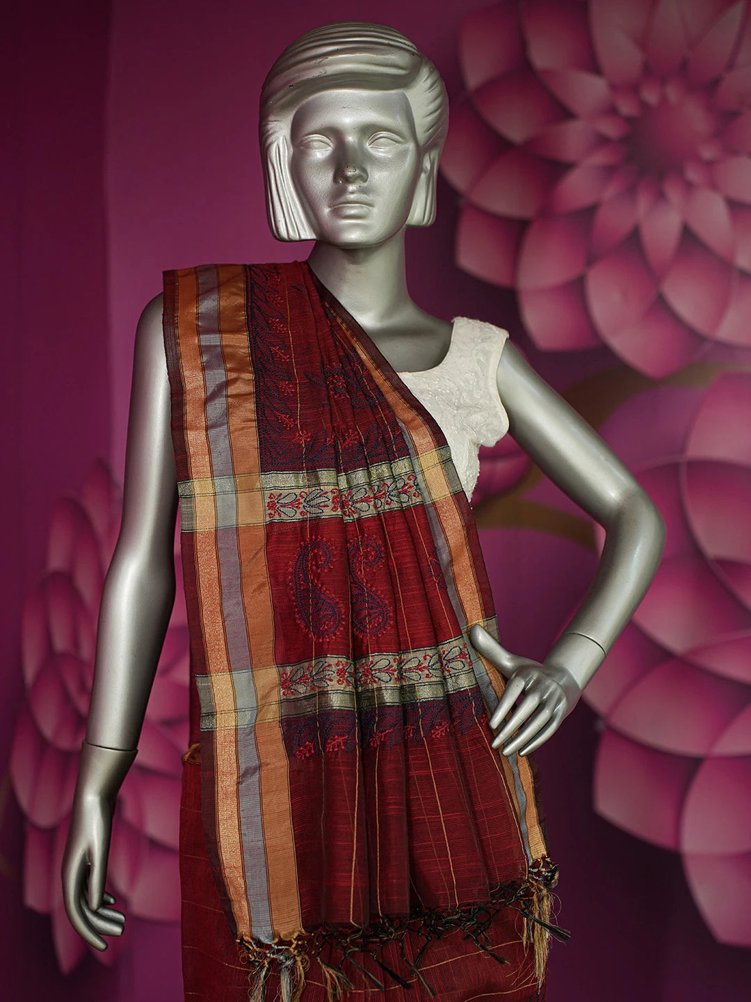 Ada Hand Embroidered Maroon Kota Chanderi Lucknowi Chikankari Saree and Blouse 01A680886