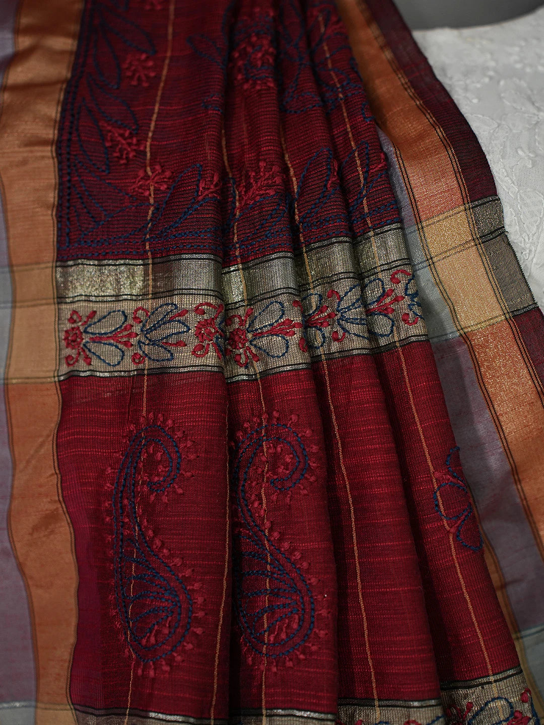 Ada Hand Embroidered Maroon Kota Chanderi Lucknowi Chikankari Saree and Blouse 01A680886