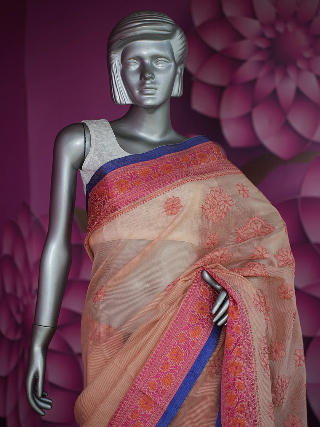 Ada Hand Embroidered Peach Chanderi Lucknowi Chikankari Saree and Blouse 01A718245