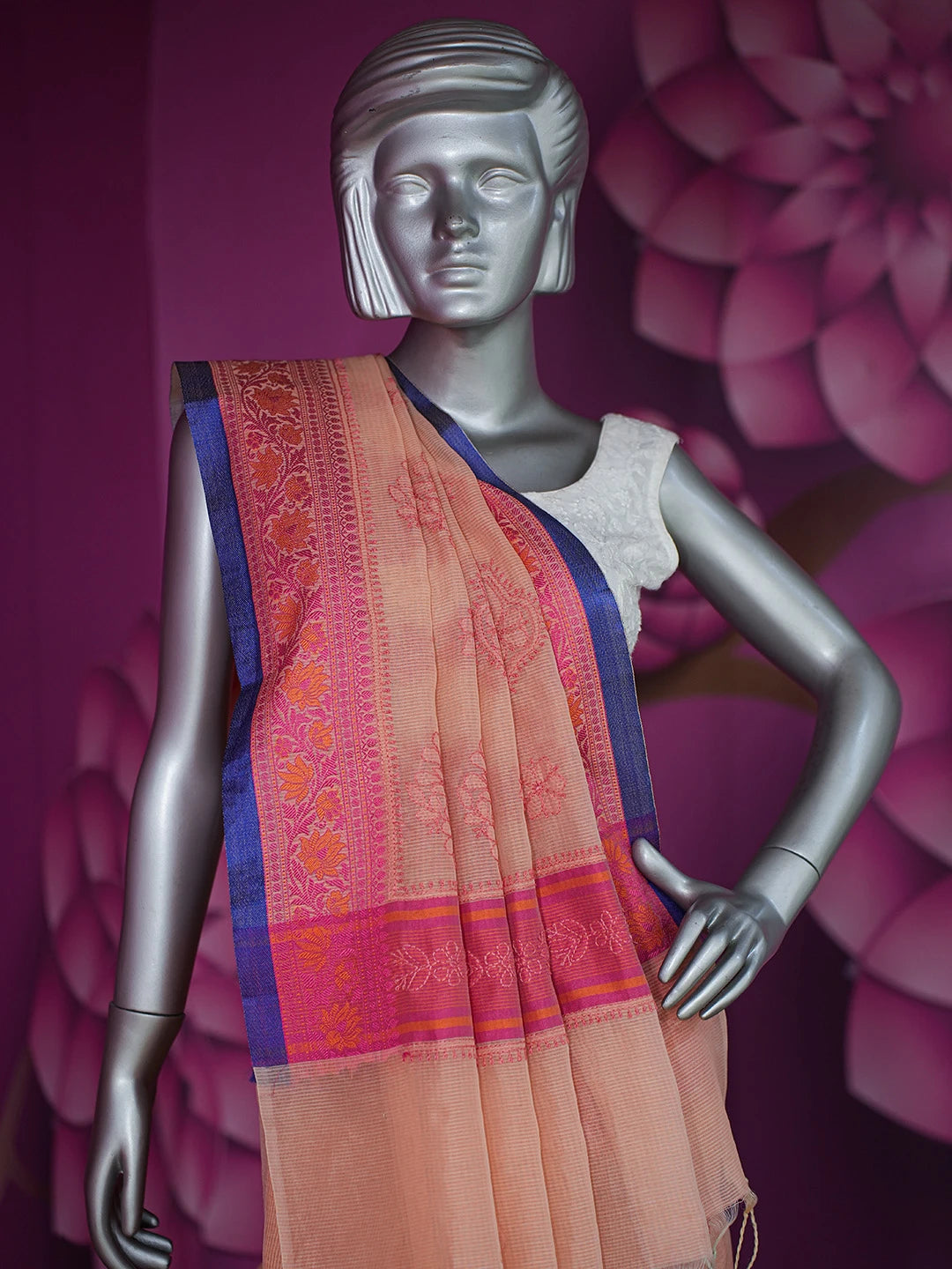 Ada Hand Embroidered Peach Chanderi Lucknowi Chikankari Saree and Blouse 01A718245