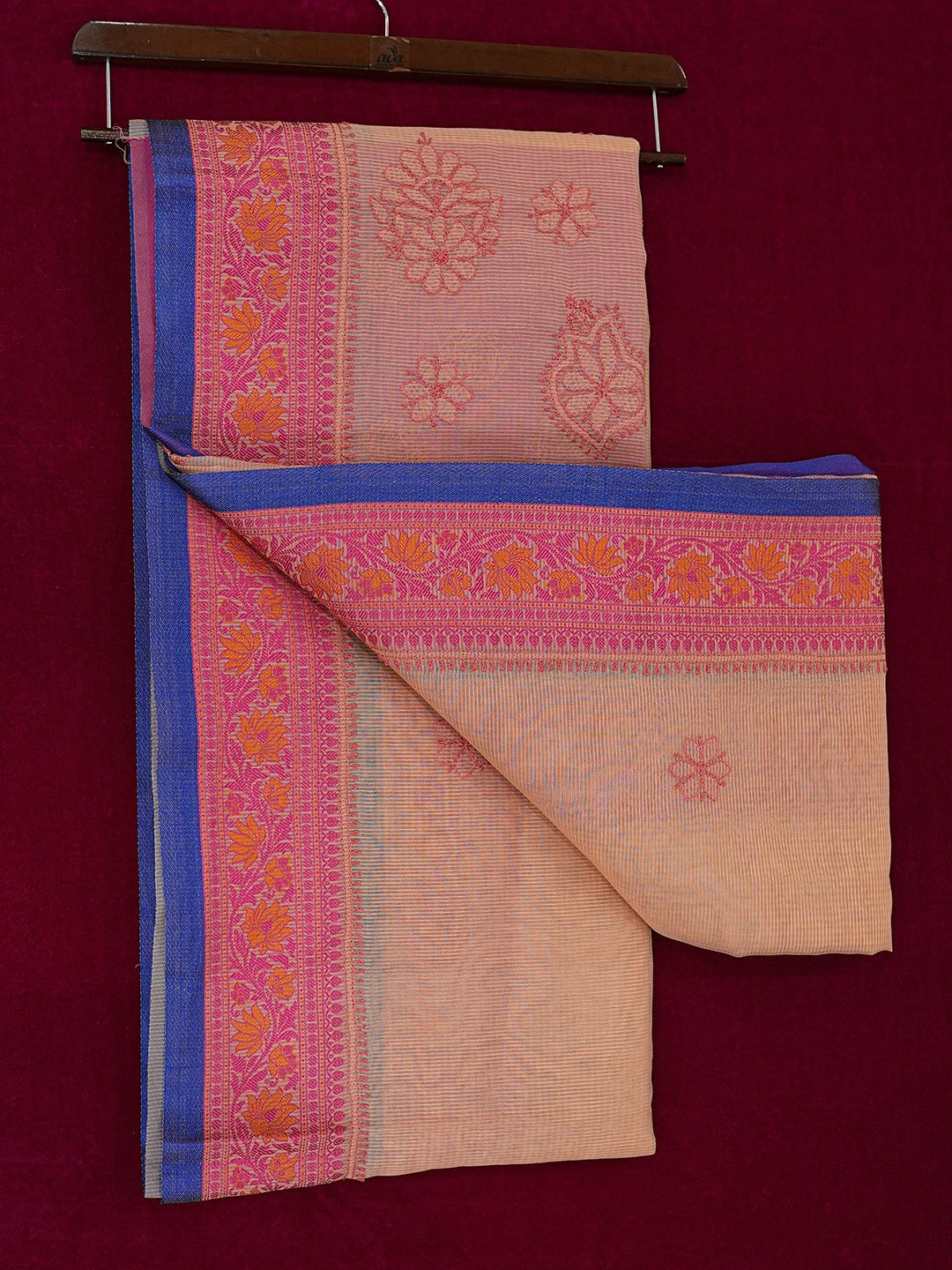 Ada Hand Embroidered Peach Chanderi Lucknowi Chikankari Saree and Blouse 01A718245