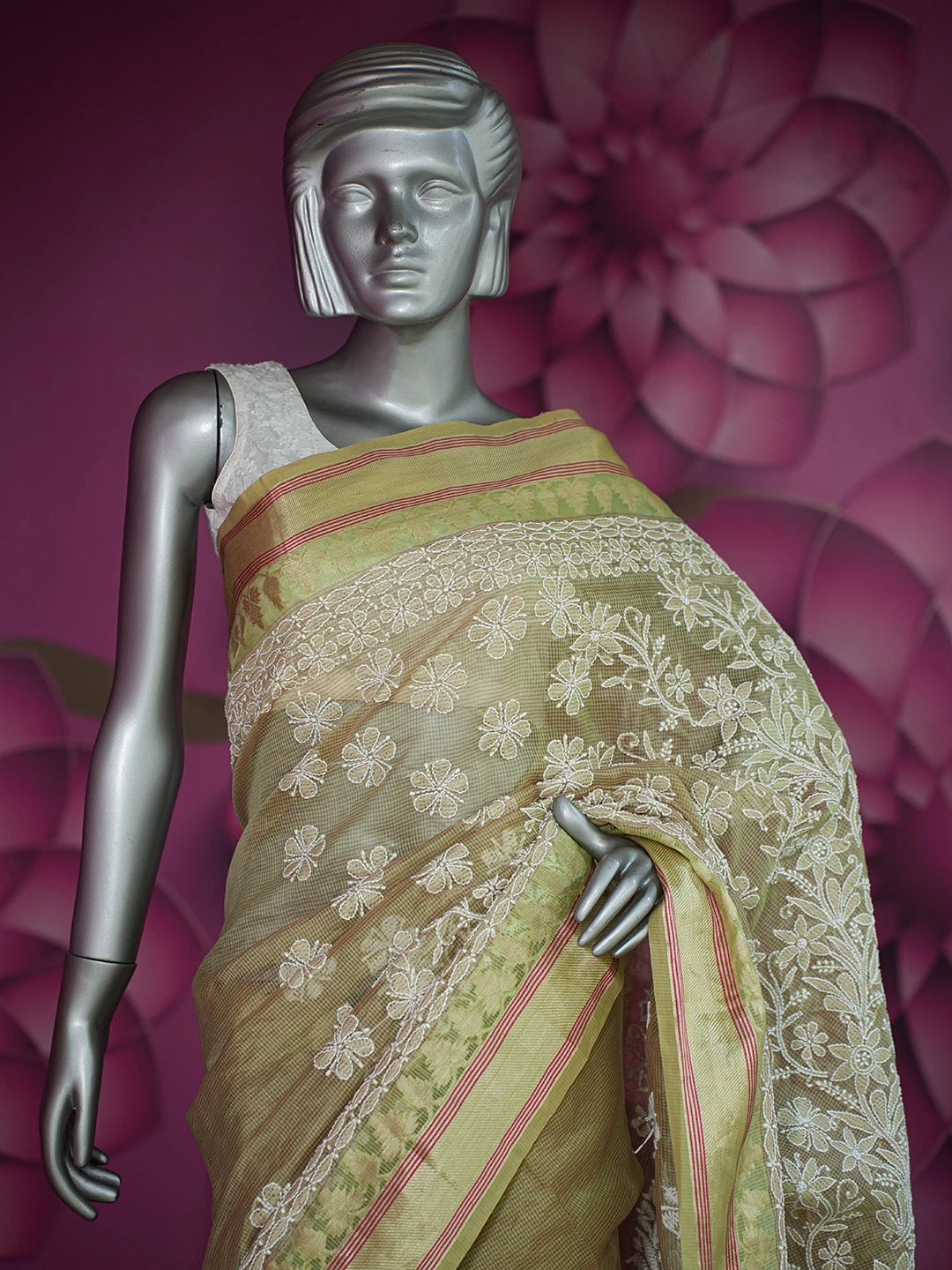 Ada Hand Embroidered Mehandi Green Chanderi Lucknowi Chikankari Saree and Blouse 01A719800