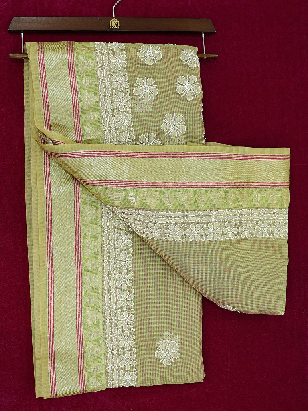 Ada Hand Embroidered Mehandi Green Chanderi Lucknowi Chikankari Saree and Blouse 01A719800