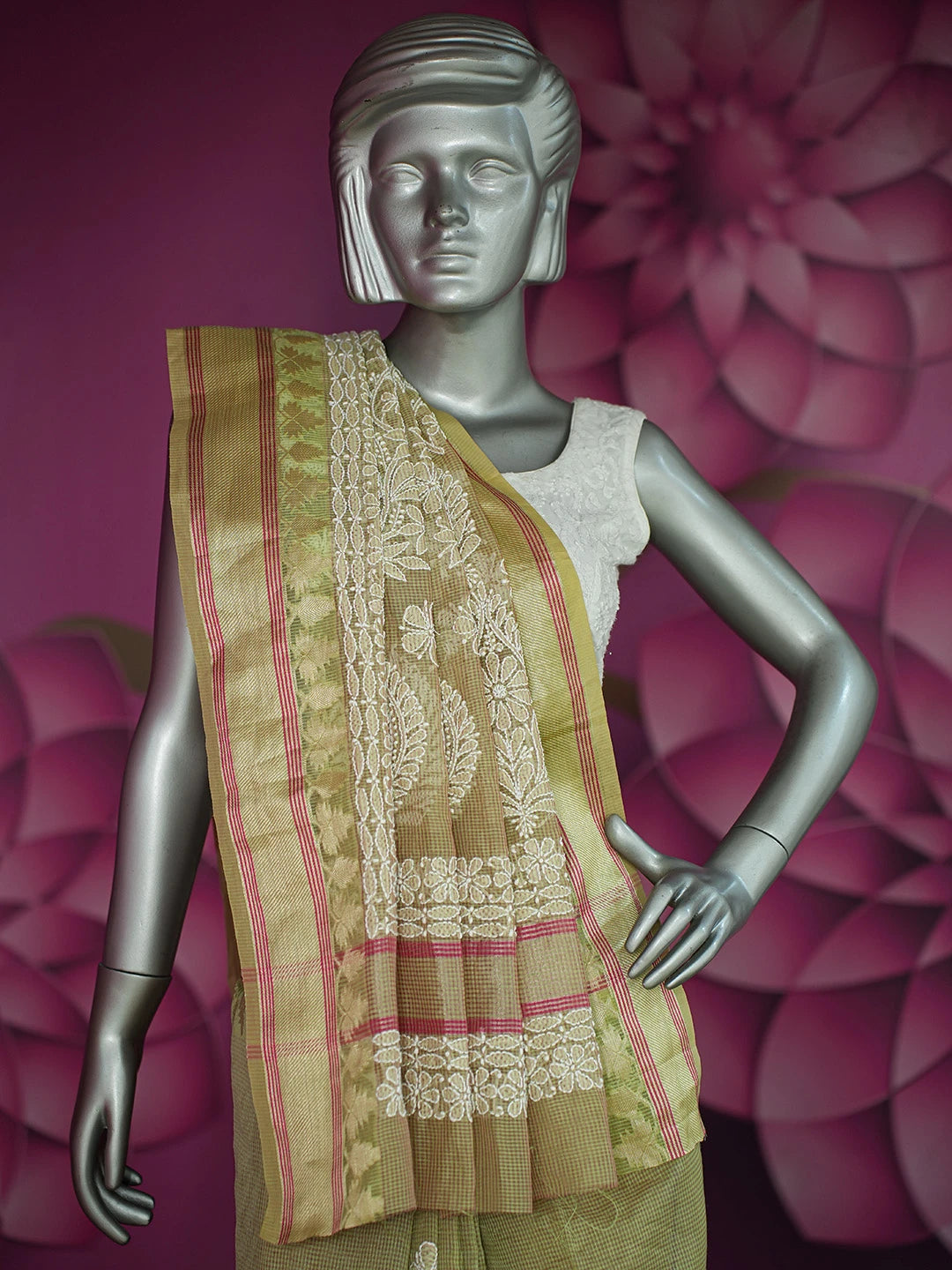Ada Hand Embroidered Mehandi Green Chanderi Lucknowi Chikankari Saree and Blouse 01A719800